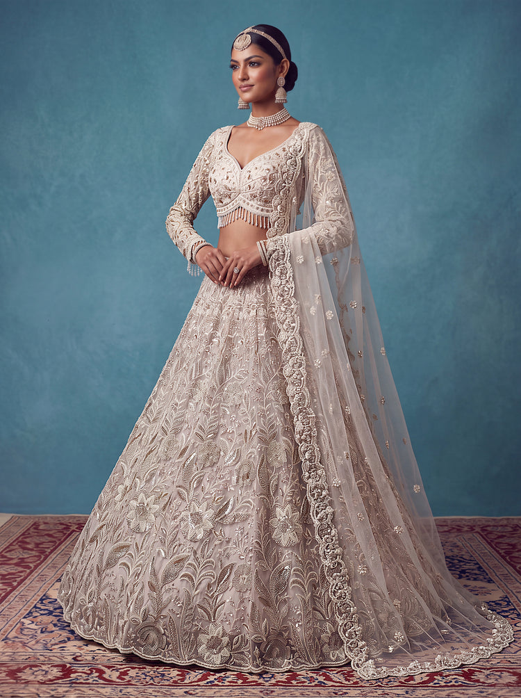 White Net Bridal Lehenga Choli with Heavy Floral Embroidery, photo 3