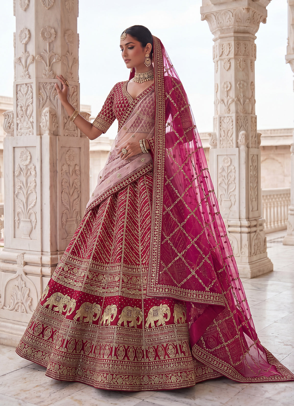 Deep Pink Slub Silk Bridal Lehenga Choli with Tatami Zari Work