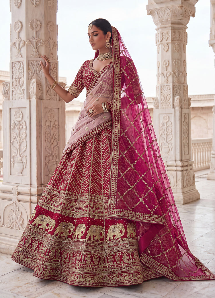 Deep Pink Slub Silk Bridal Lehenga Choli with Tatami Zari Work