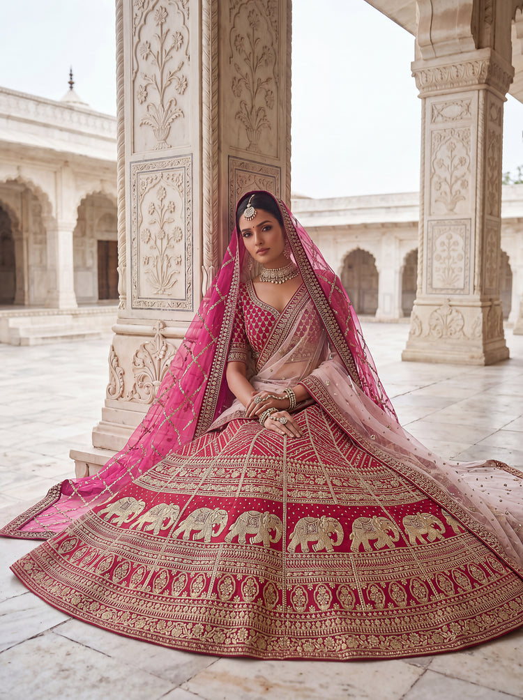 Deep Pink Slub Silk Bridal Lehenga Choli with Tatami Zari Work