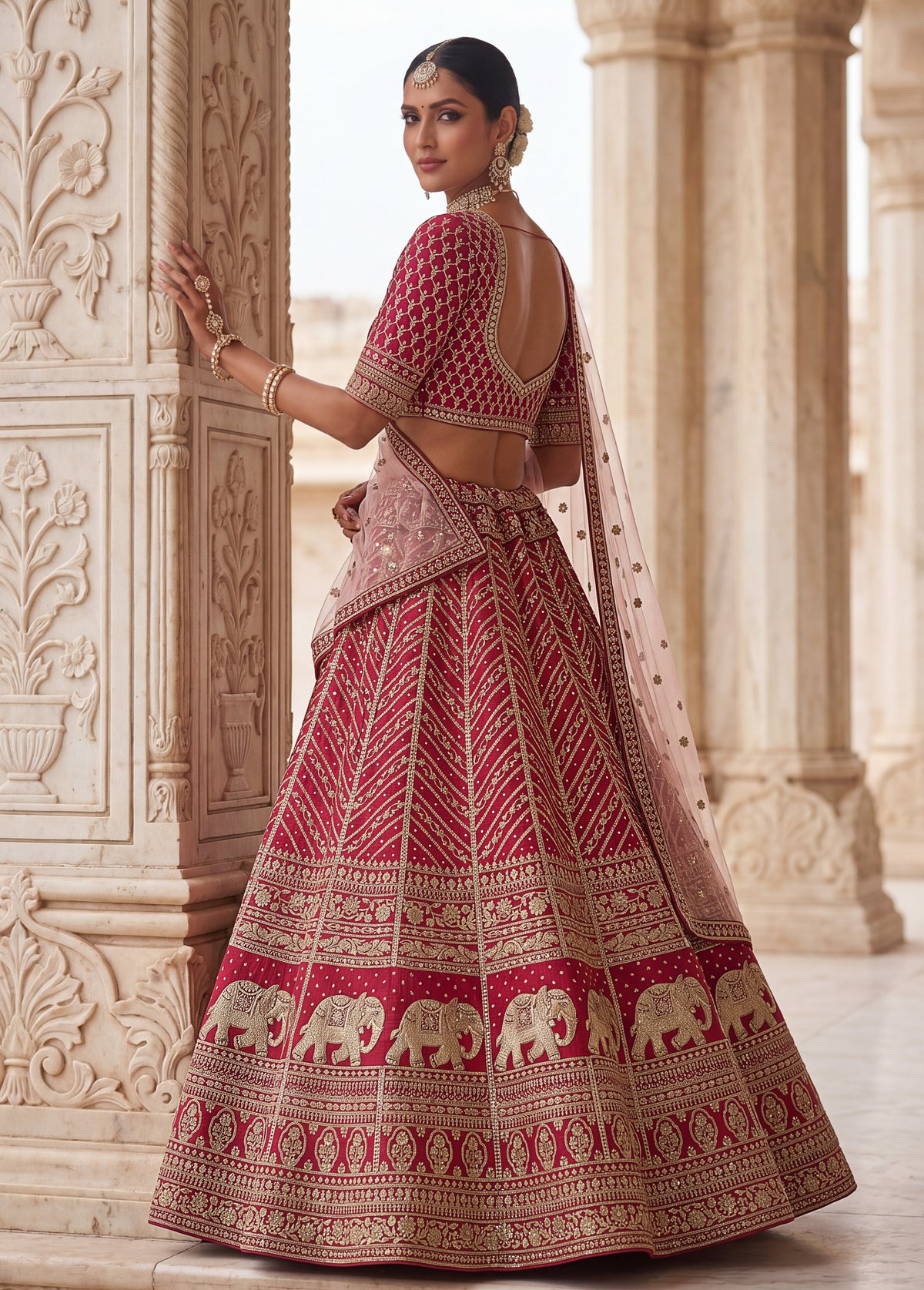 Deep Pink Slub Silk Bridal Lehenga Choli with Tatami Zari Work
