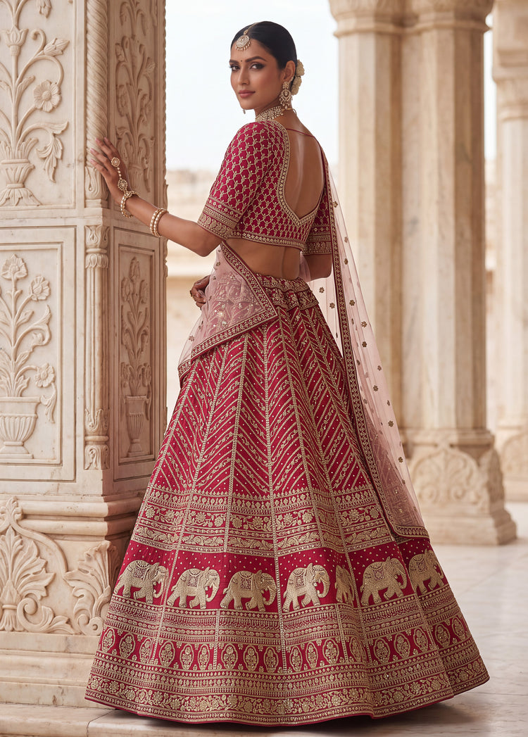 Deep Pink Slub Silk Bridal Lehenga Choli with Tatami Zari Work