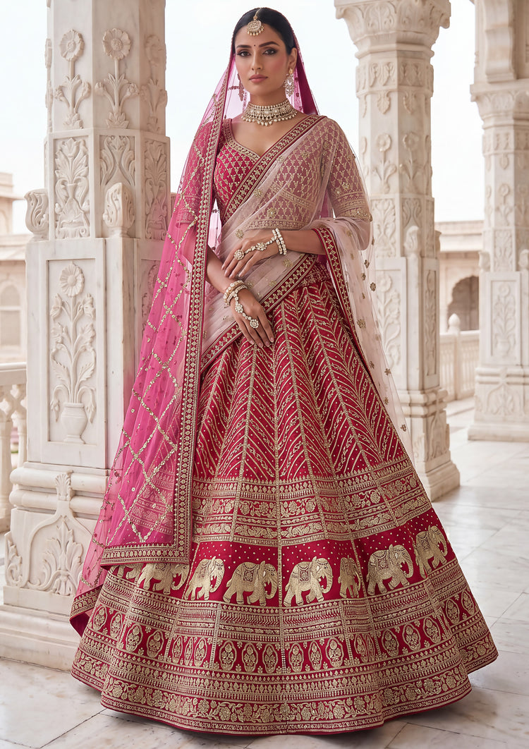 Deep Pink Slub Silk Bridal Lehenga Choli with Tatami Zari Work