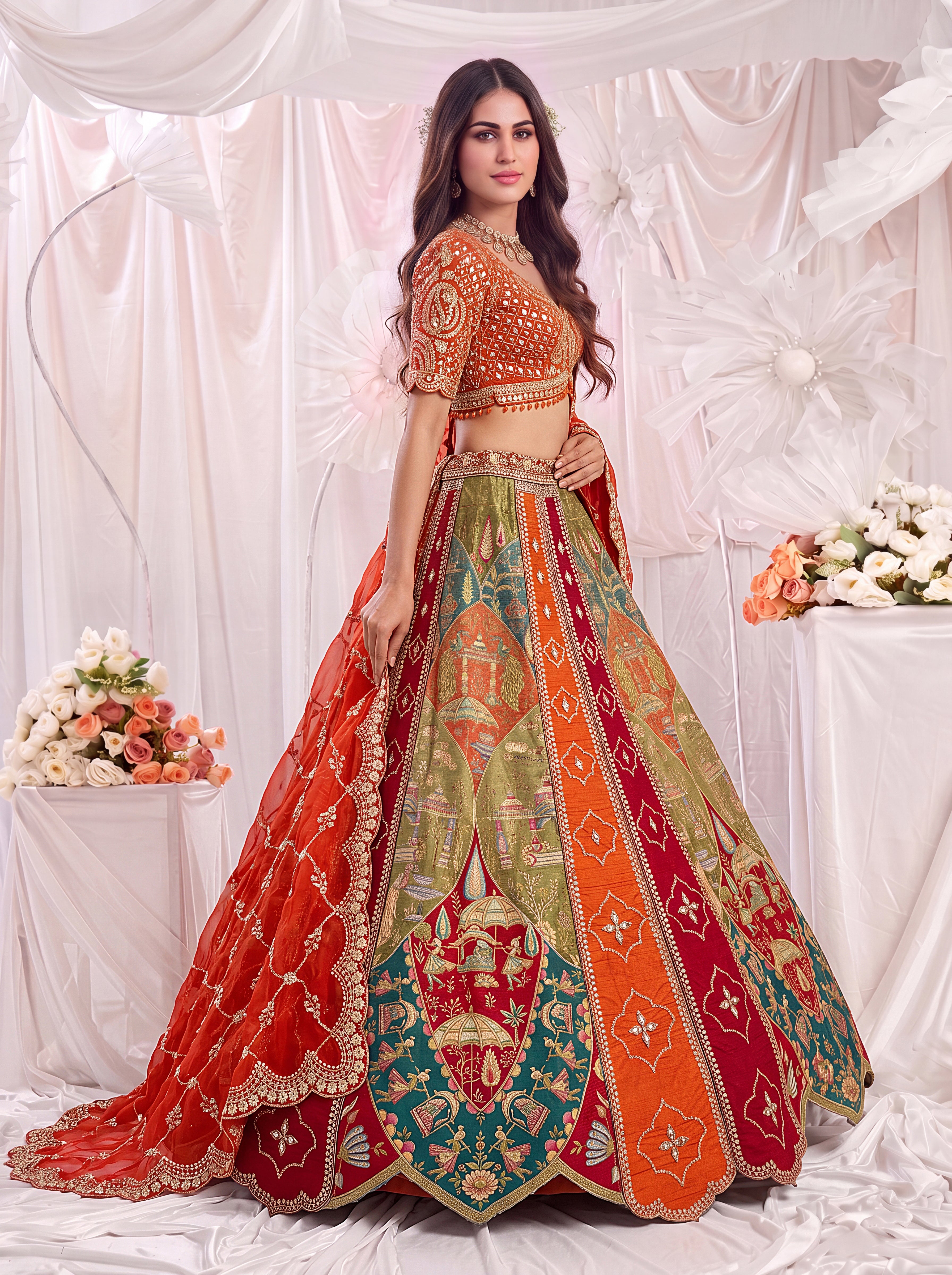 Designer Orange Silk Lehenga Choli with Zari, Mirror & Thread Work