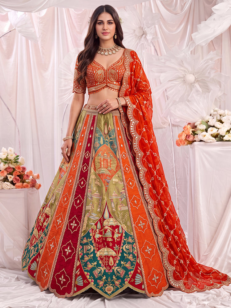 Designer Orange Silk Lehenga Choli with Zari, Mirror & Thread Work