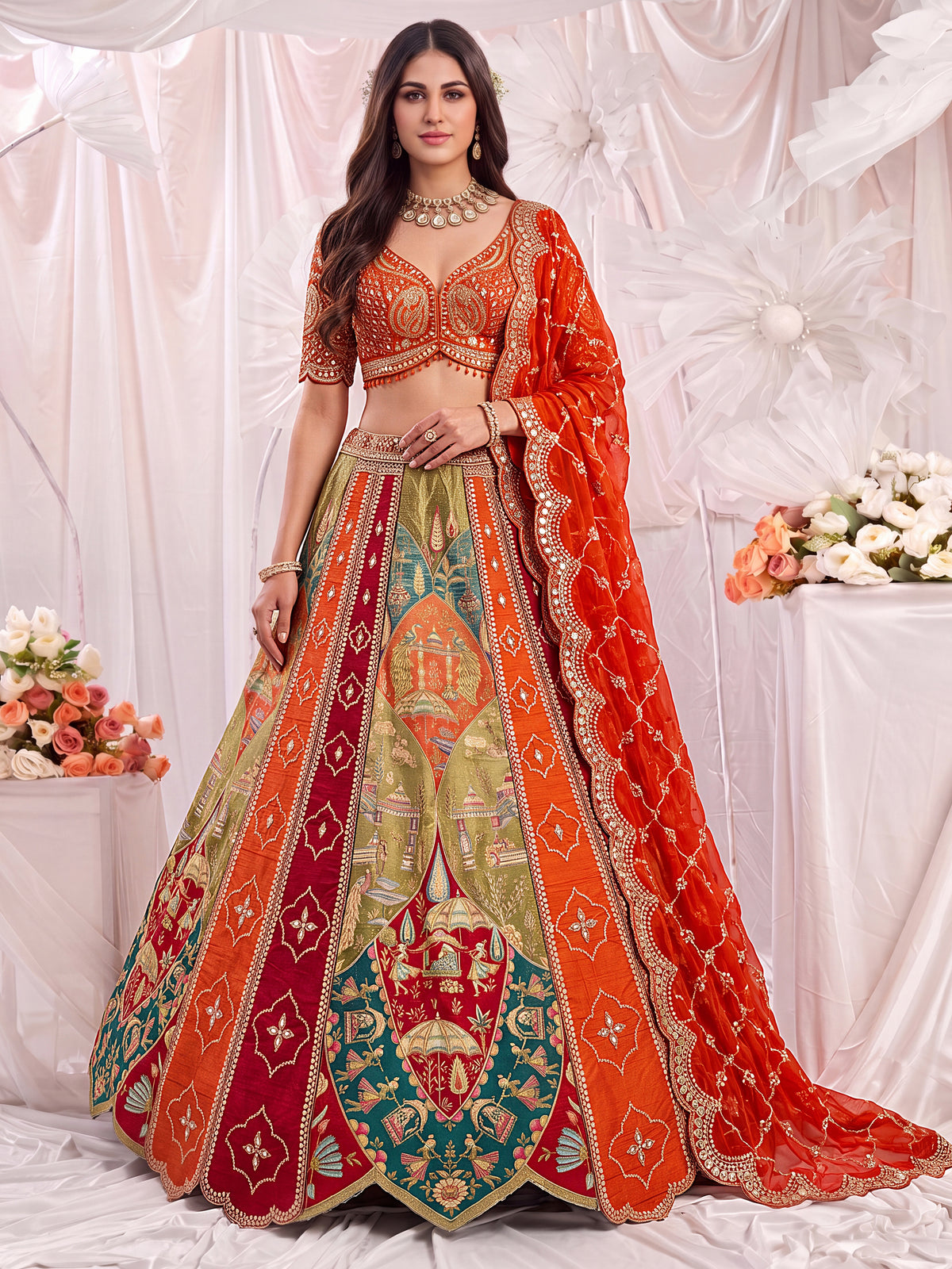 Designer Orange Silk Lehenga Choli with Zari, Mirror & Thread Work