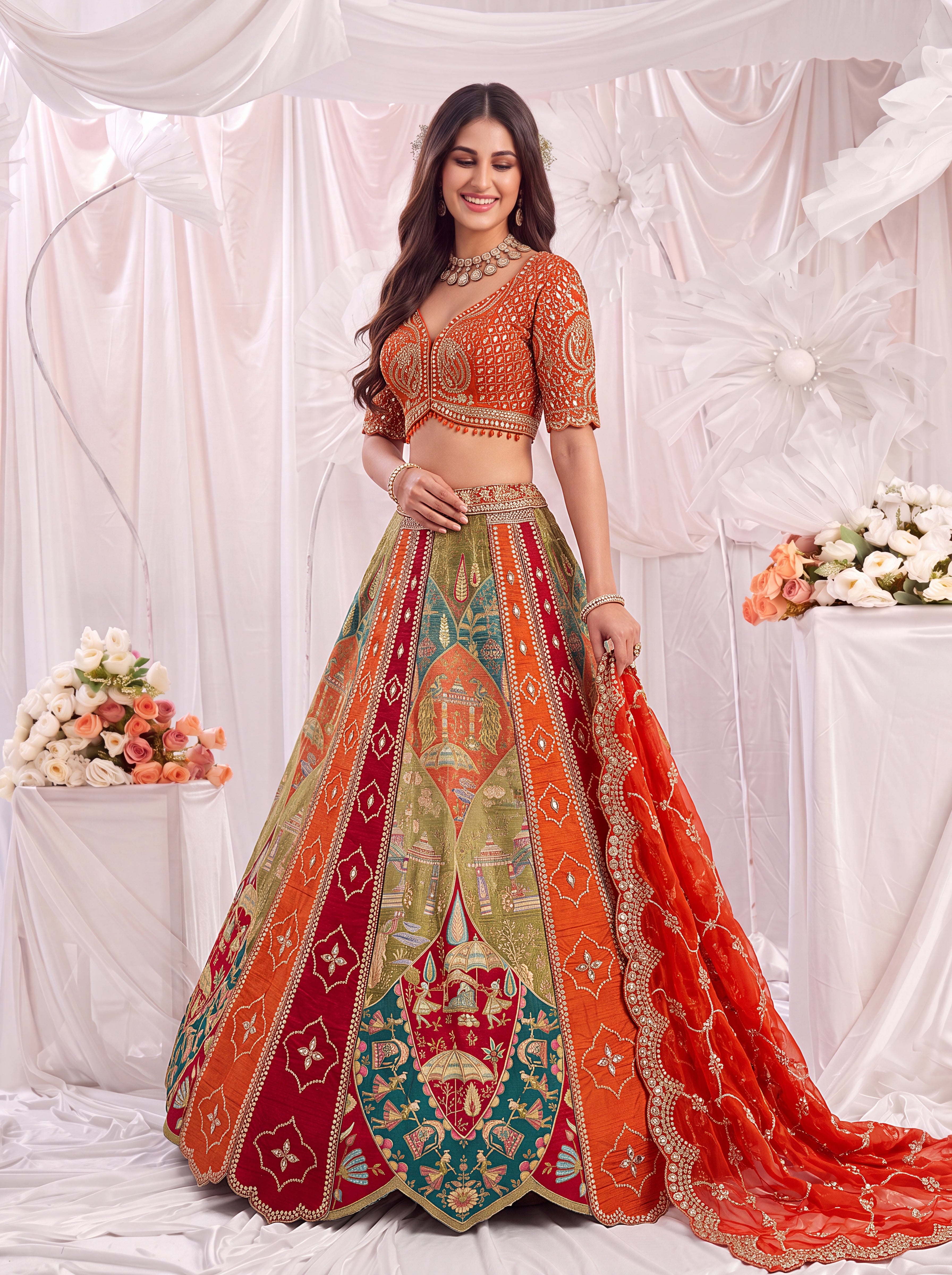 Designer Orange Silk Lehenga Choli with Zari, Mirror & Thread Work