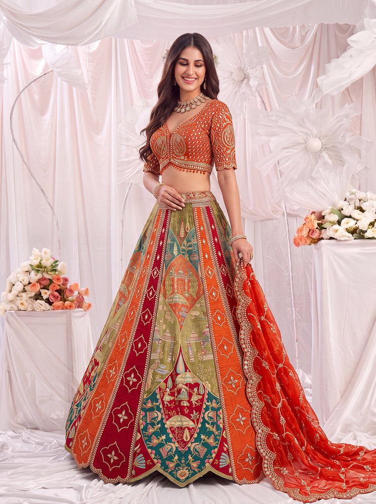 Designer Orange Silk Lehenga Choli with Zari, Mirror & Thread Work