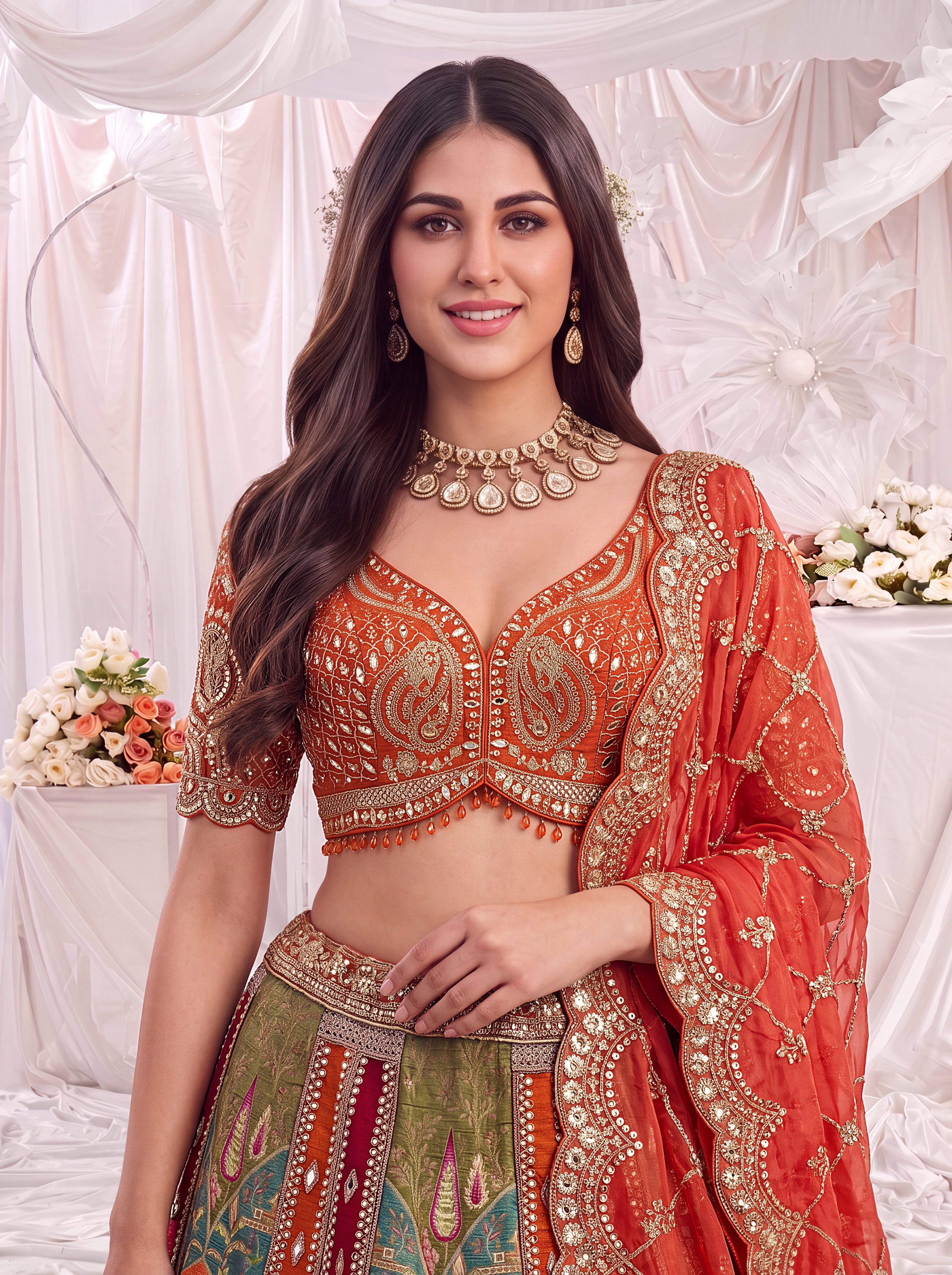 Designer Orange Silk Lehenga Choli with Zari, Mirror & Thread Work