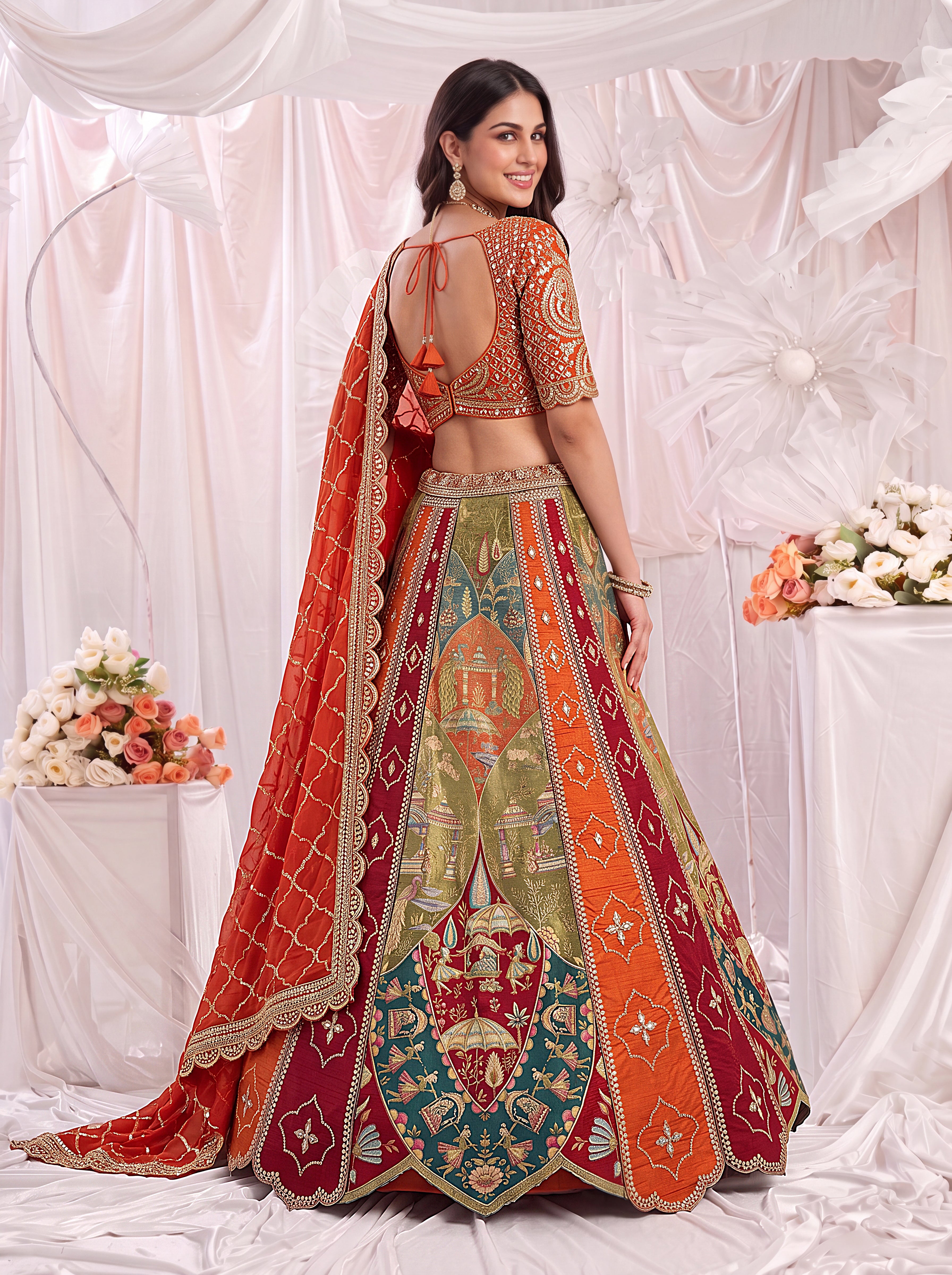 Designer Orange Silk Lehenga Choli with Zari, Mirror & Thread Work