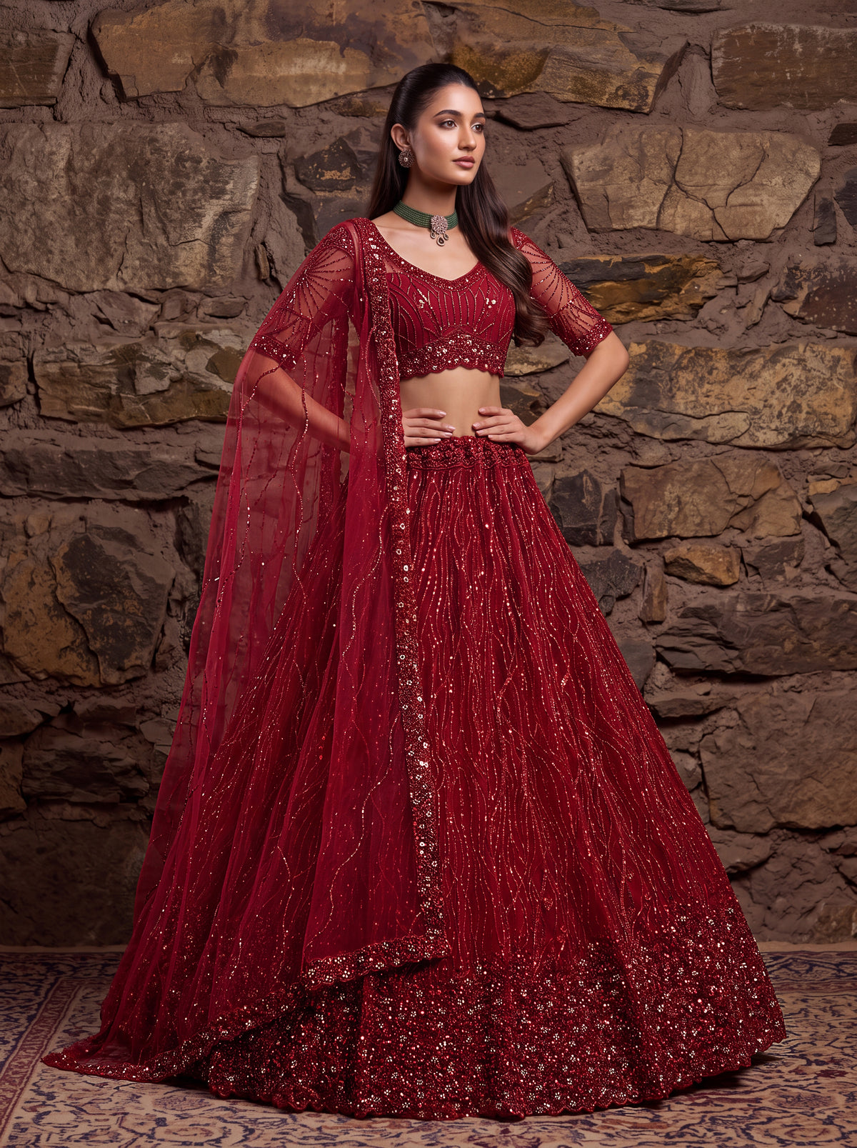 Red Net Lehenga Choli with Zari Embroidery and Crystal Bead Handwork, photo 2