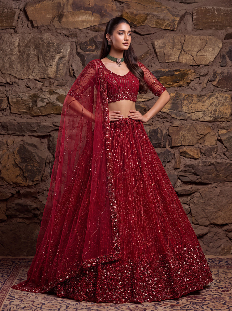 Red Net Lehenga Choli with Zari Embroidery and Crystal Bead Handwork, photo 2