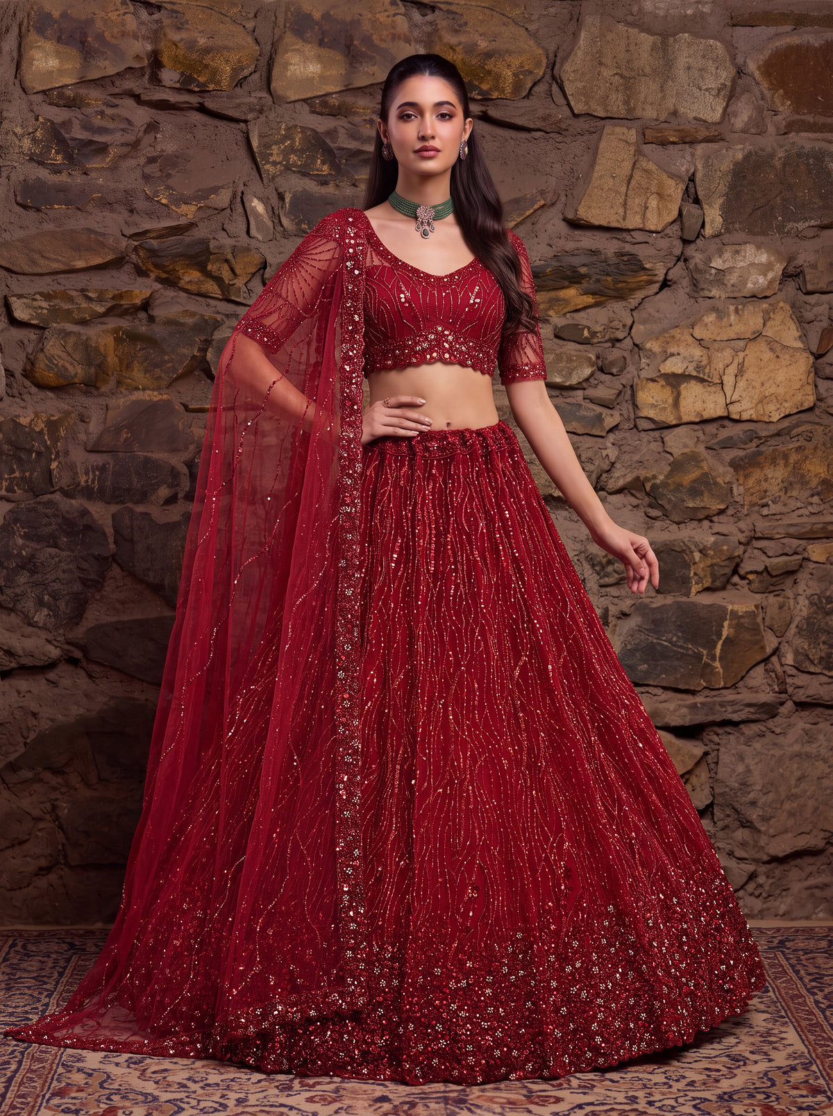 Red Net Lehenga Choli with Zari Embroidery and Crystal Bead Handwork, photo 3