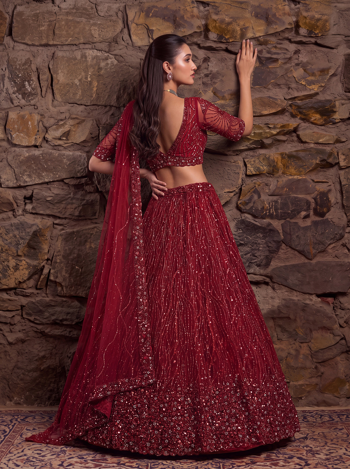 Red Net Lehenga Choli with Zari Embroidery and Crystal Bead Handwork, photo 5