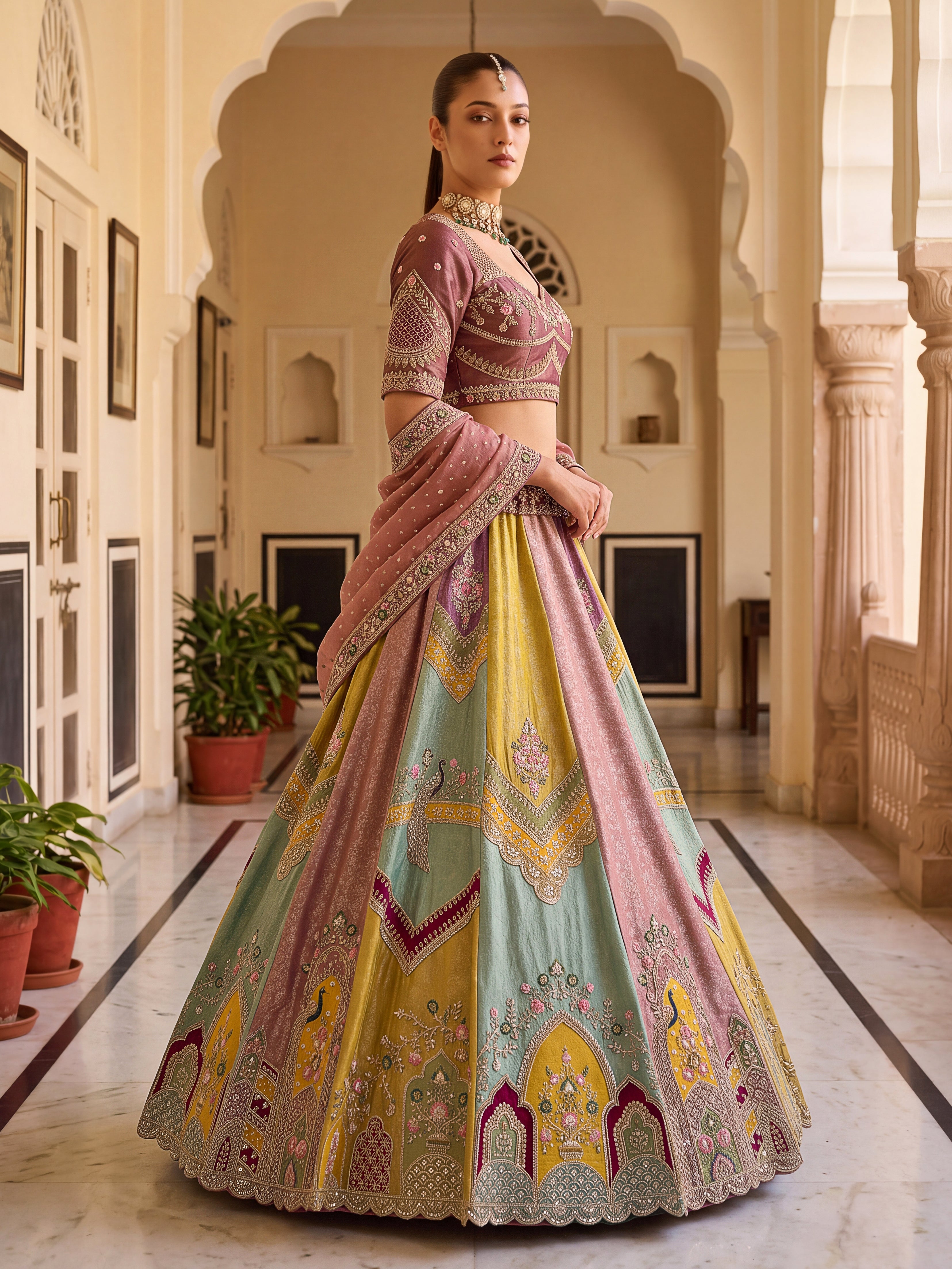 Designer Multicolor Banarasi Silk Lehenga Choli with Moti, Crystal Beads & Sequins Work
