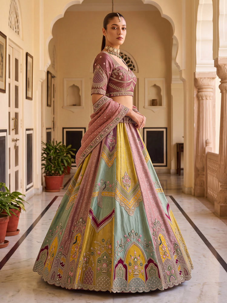 Designer Multicolor Banarasi Silk Lehenga Choli with Moti, Crystal Beads & Sequins Work