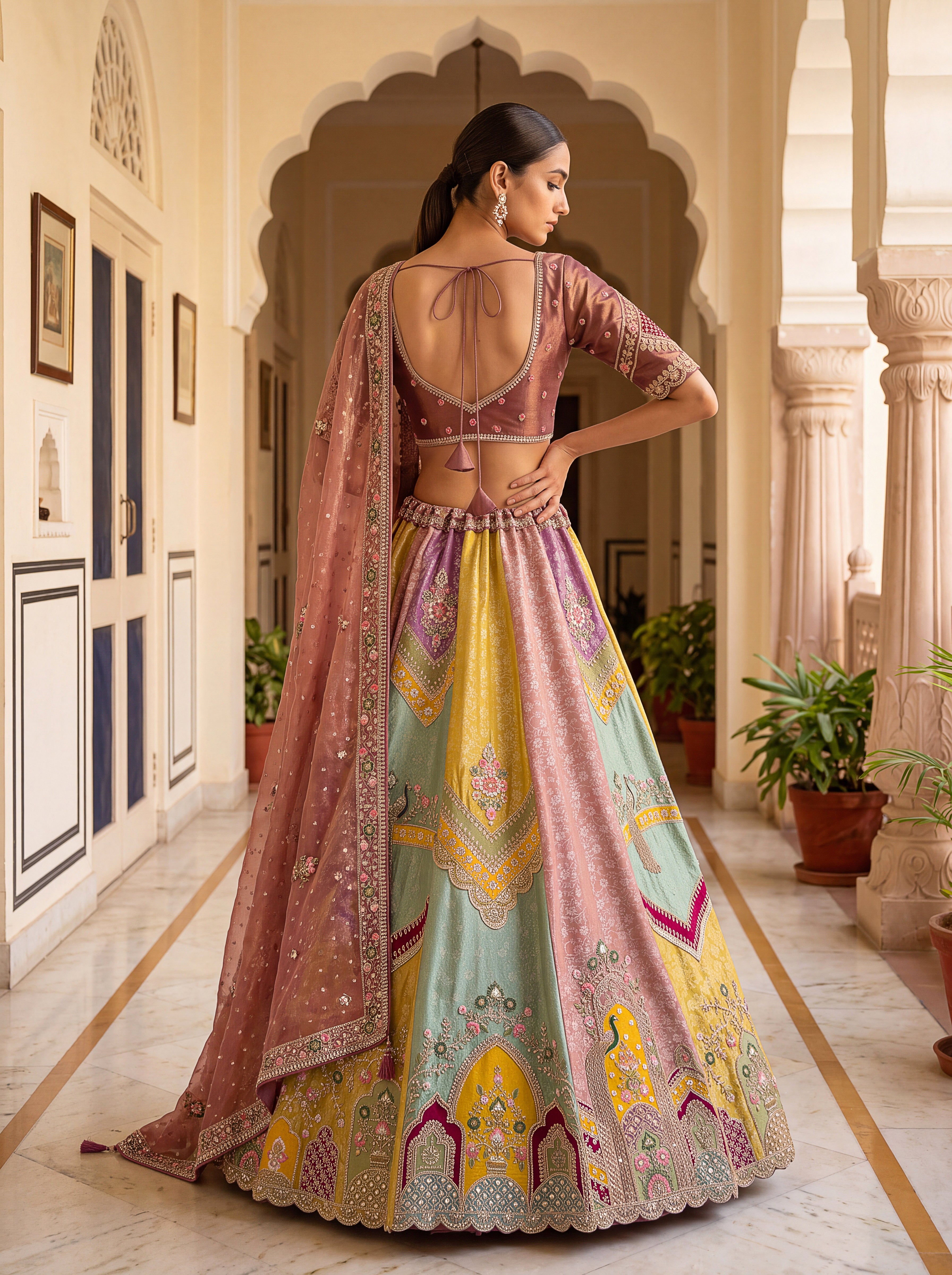 Designer Multicolor Banarasi Silk Lehenga Choli with Moti, Crystal Beads & Sequins Work