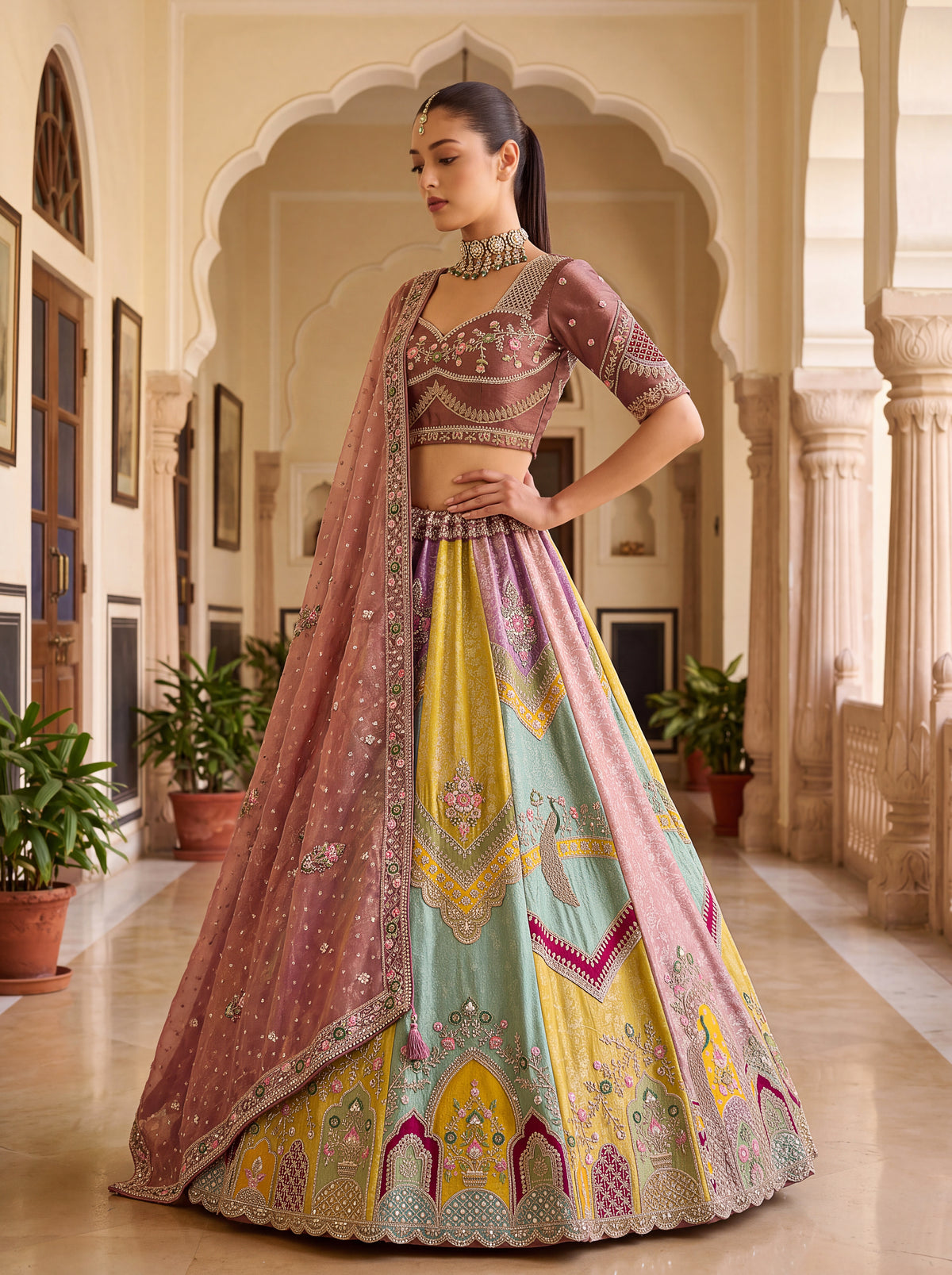 Designer Multicolor Banarasi Silk Lehenga Choli with Moti, Crystal Beads & Sequins Work