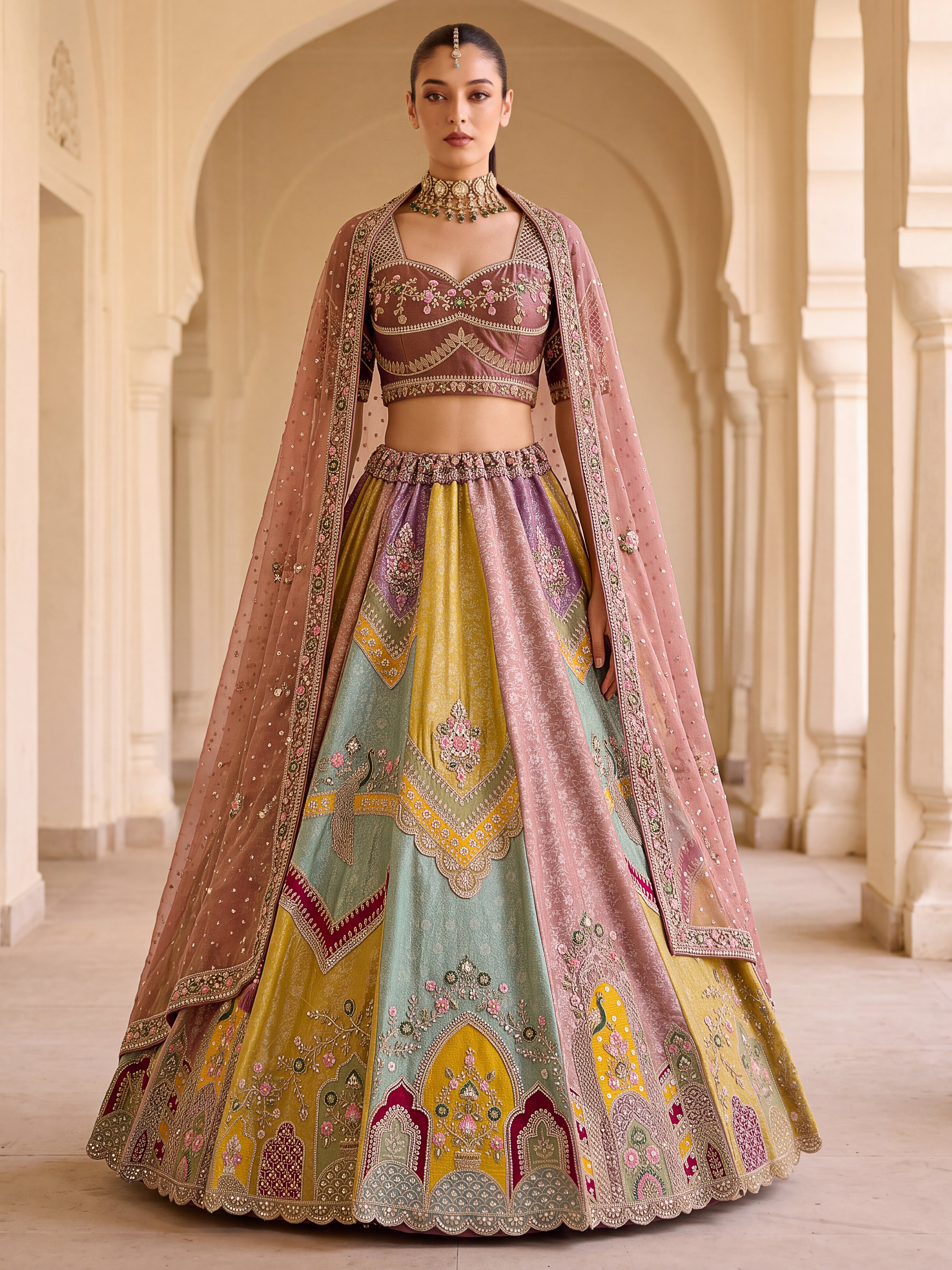 Designer Multicolor Banarasi Silk Lehenga Choli with Moti, Crystal Beads & Sequins Work