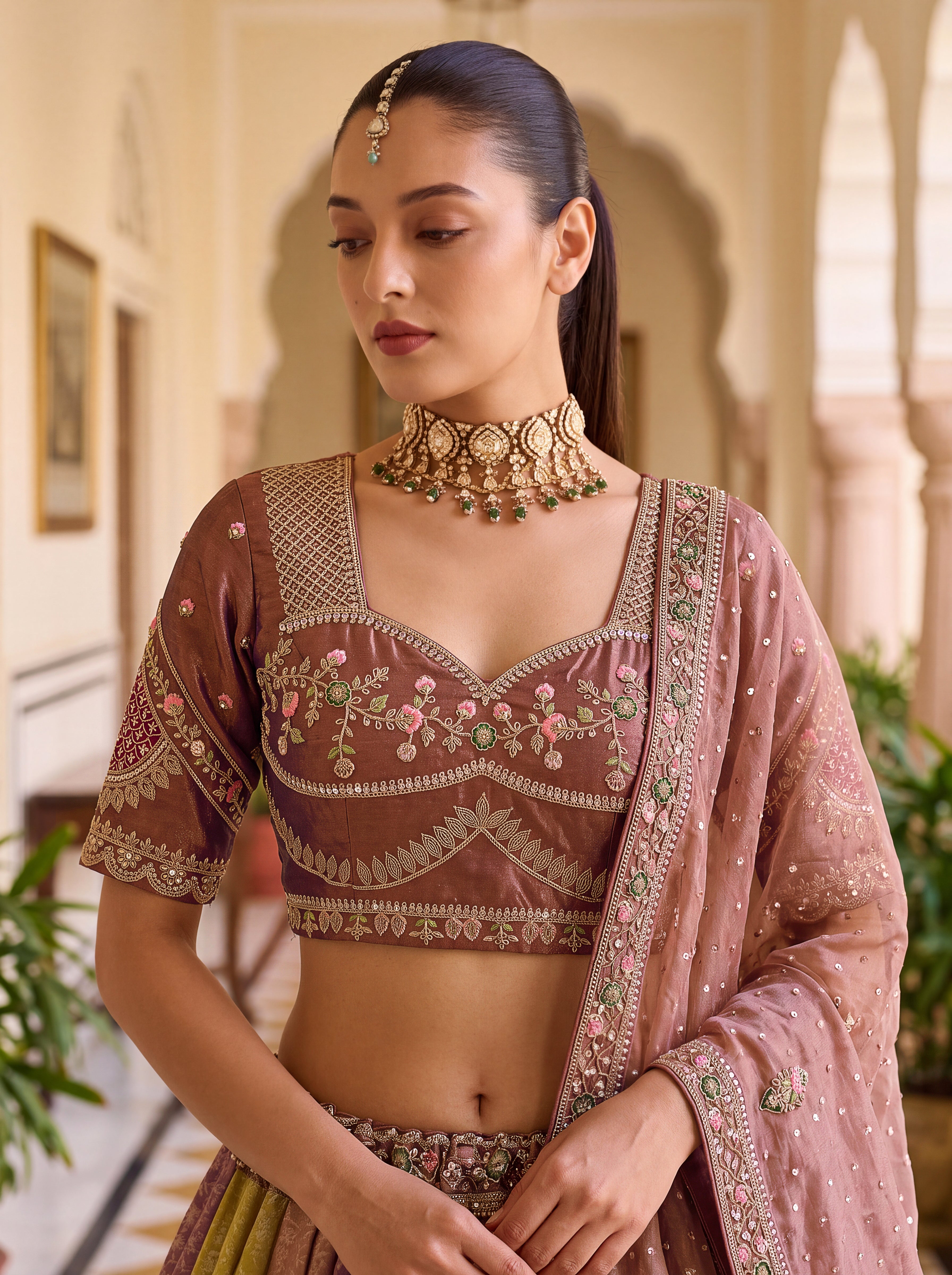 Designer Multicolor Banarasi Silk Lehenga Choli with Moti, Crystal Beads & Sequins Work