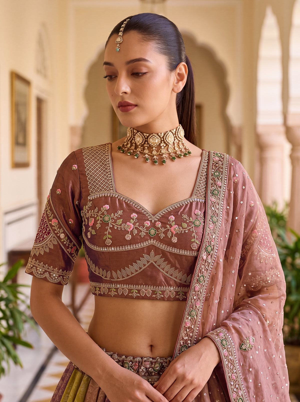 Designer Multicolor Banarasi Silk Lehenga Choli with Moti, Crystal Beads & Sequins Work
