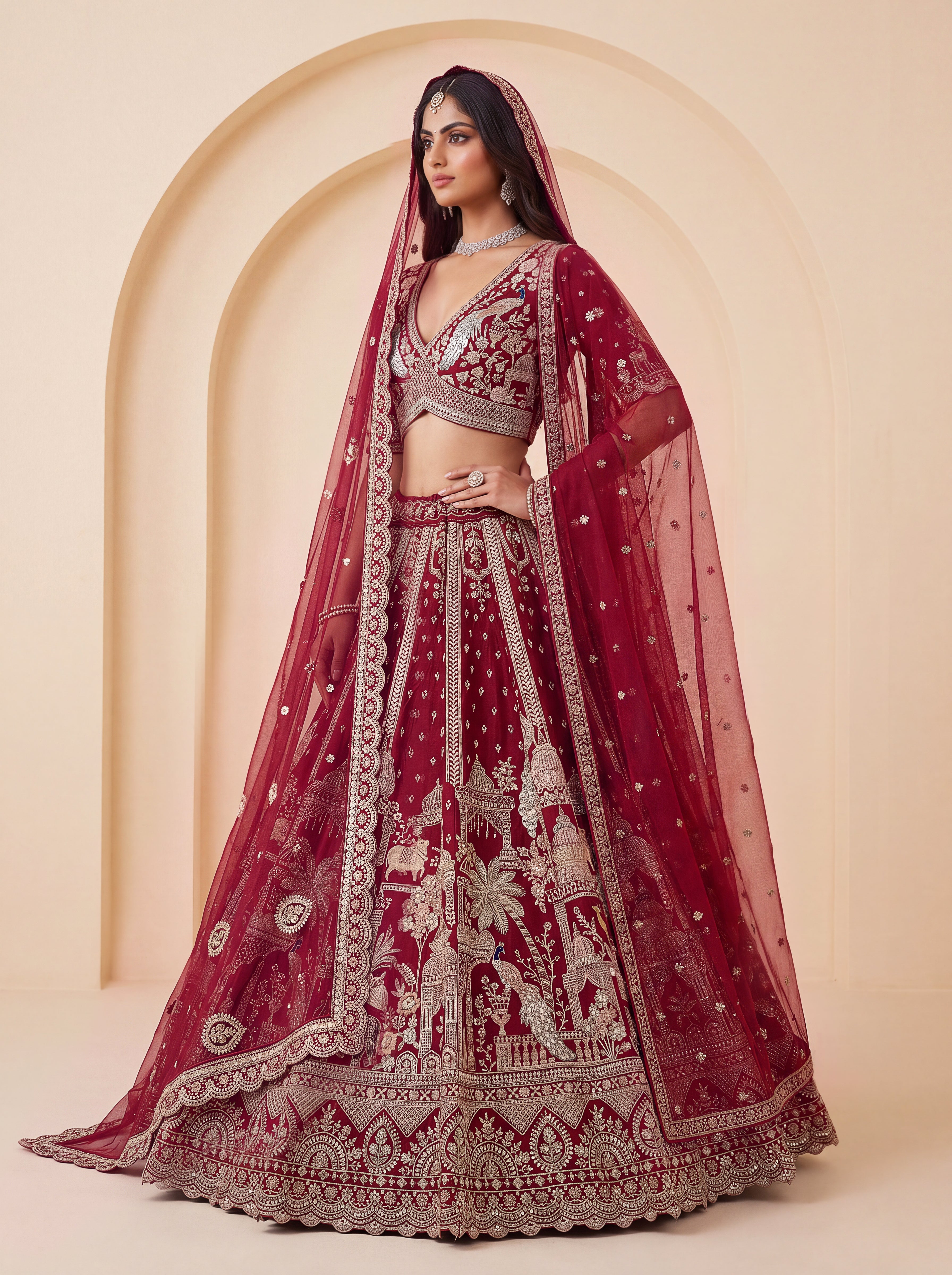 The Vrindavan Sanctuary Deep Maroon Heavy Embroidered Bridal Lehenga Choli with Cutwork Net Dupatta