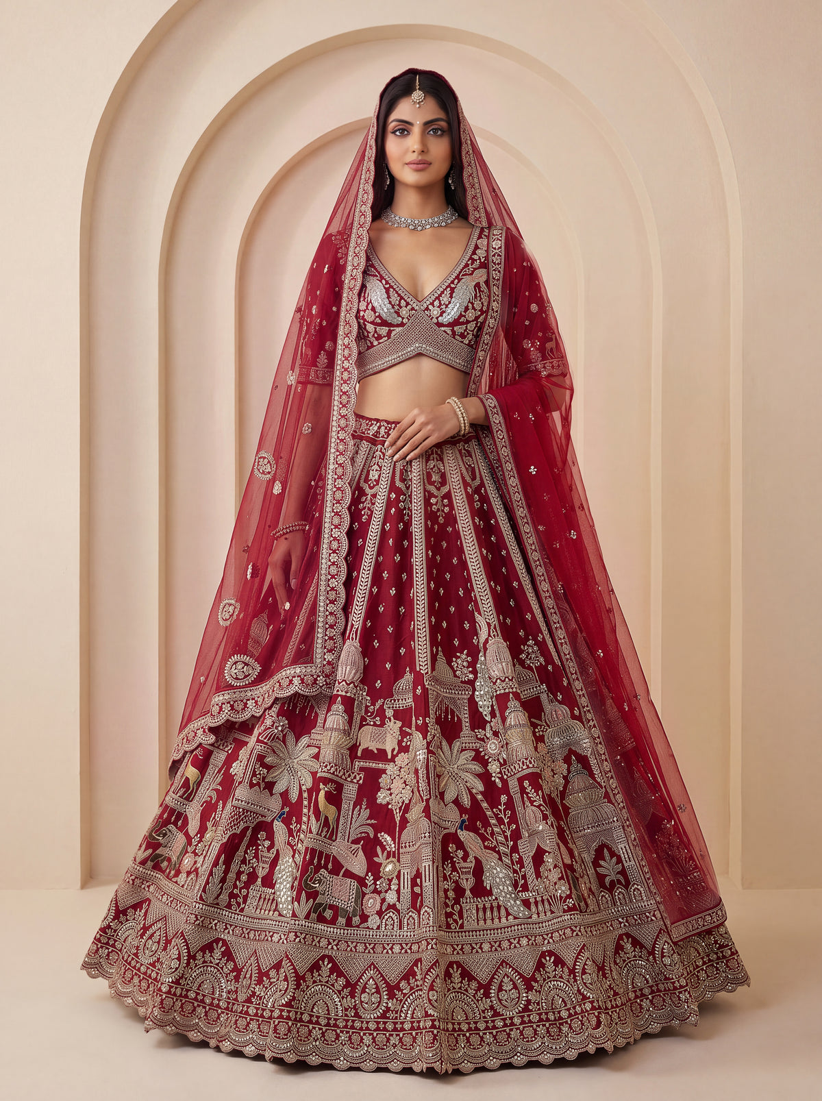 The Vrindavan Sanctuary Deep Maroon Heavy Embroidered Bridal Lehenga Choli with Cutwork Net Dupatta