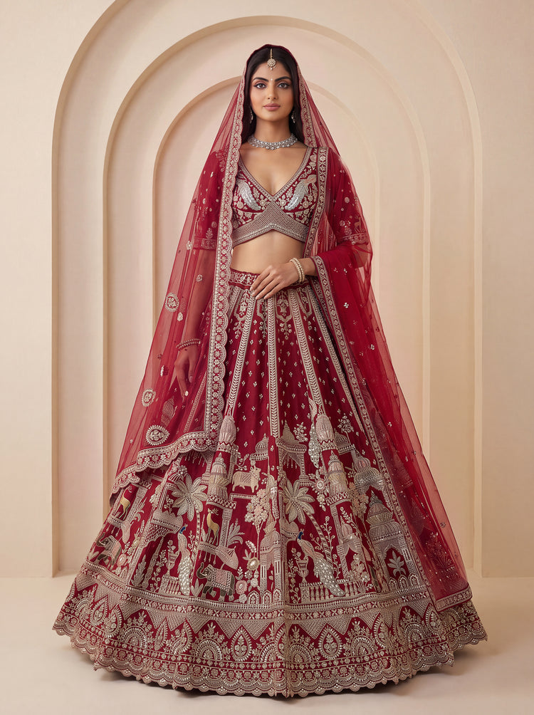 Designer Maroon Embroidered Lehenga Choli with Heavy Traditional Work