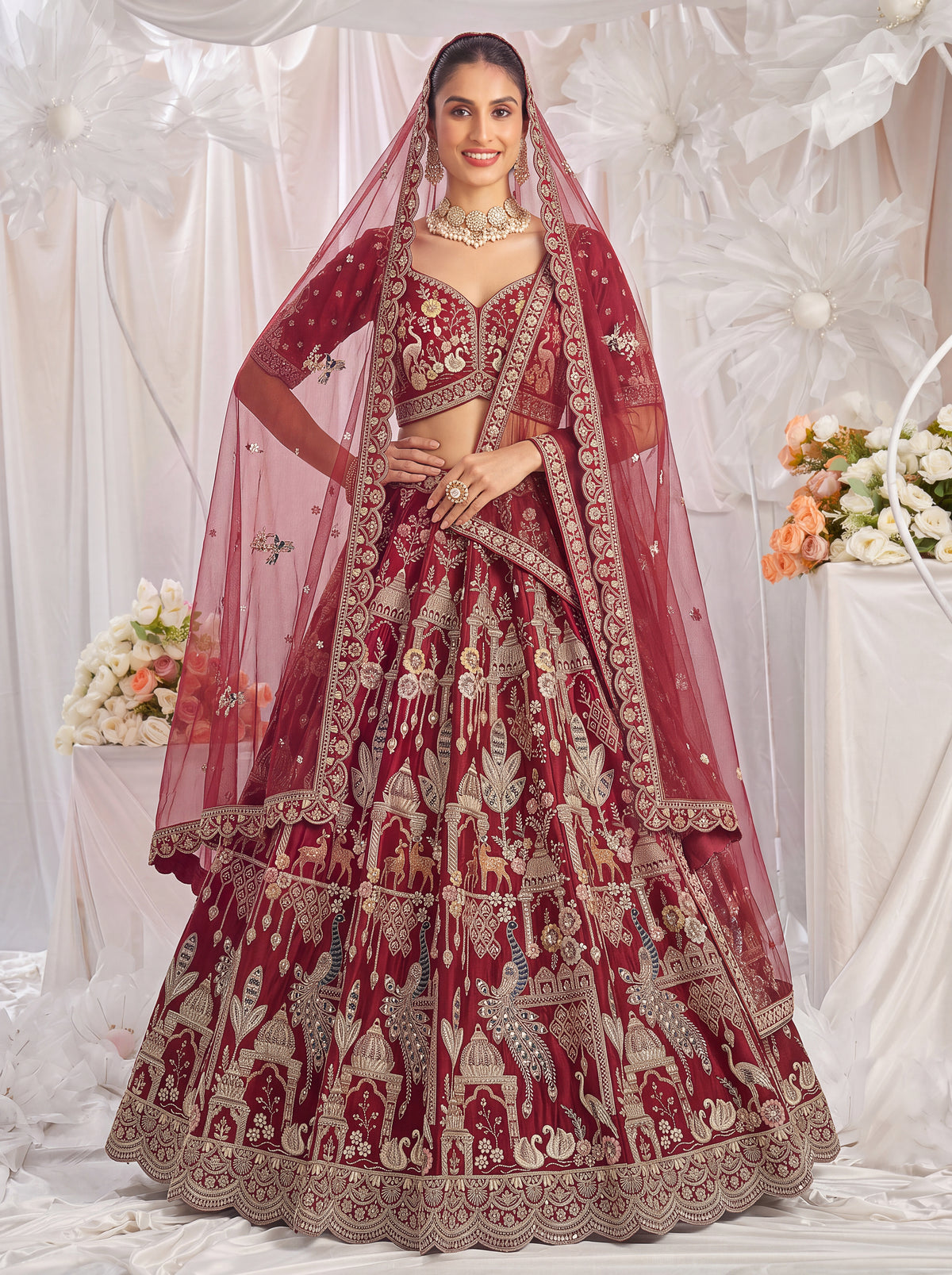 Maroon Premium Silk Bridal Lehenga with Beads, Sequins, Multi Thread & Dori Work