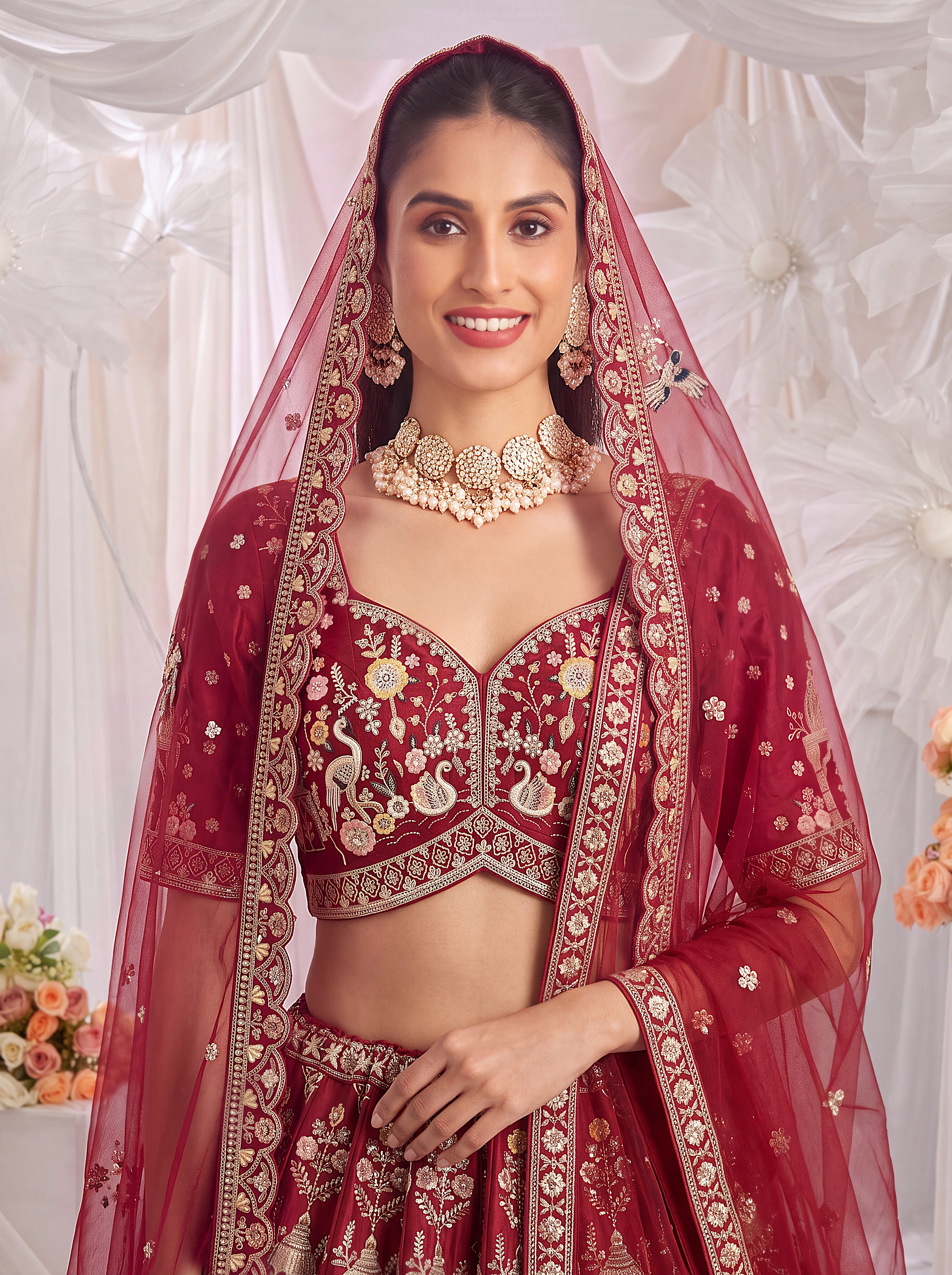 Maroon Premium Silk Bridal Lehenga with Beads, Sequins, Multi Thread & Dori Work