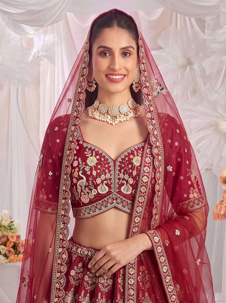 Maroon Premium Silk Bridal Lehenga with Beads, Sequins, Multi Thread & Dori Work