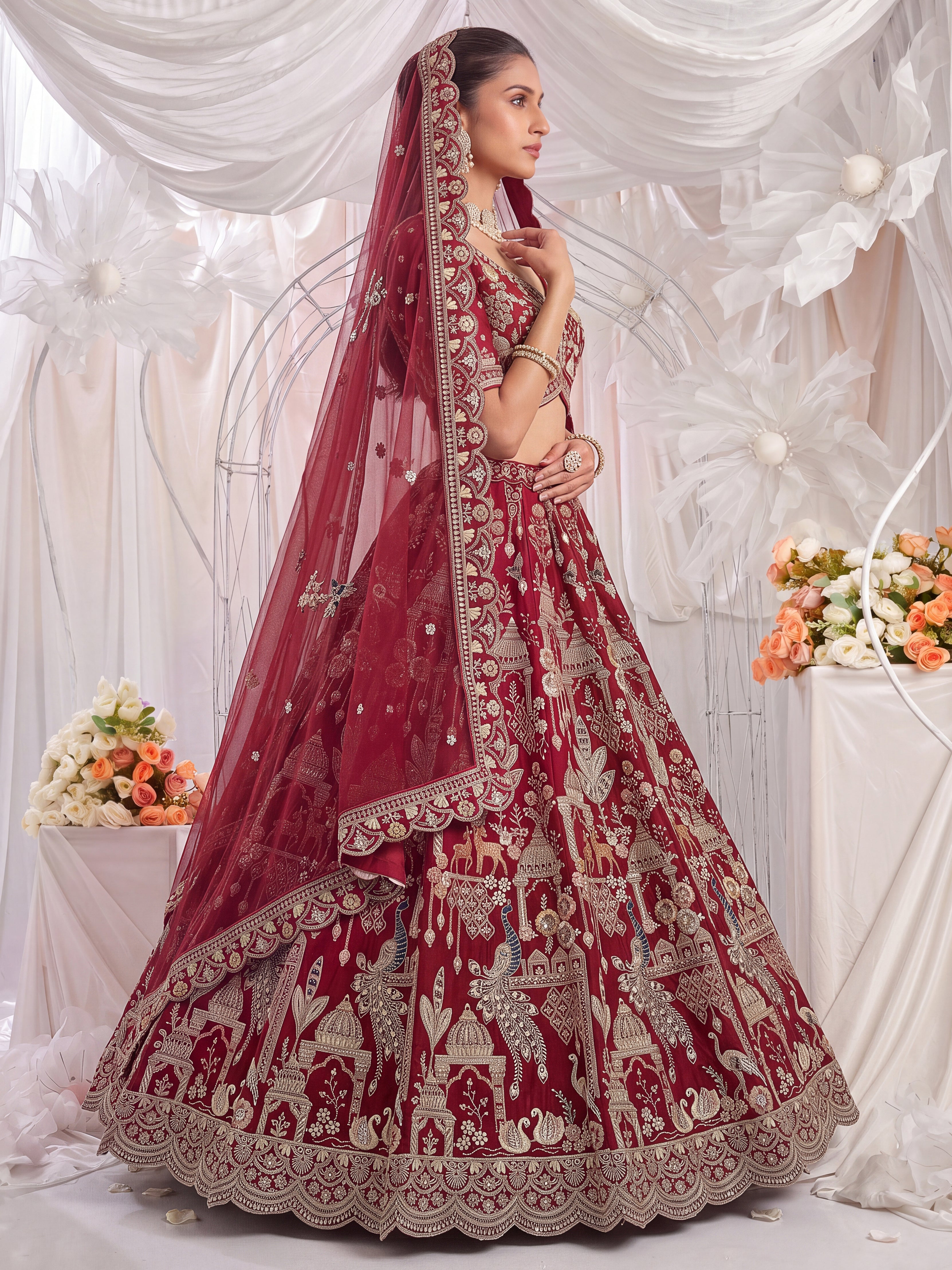 Maroon Premium Silk Bridal Lehenga with Beads, Sequins, Multi Thread & Dori Work