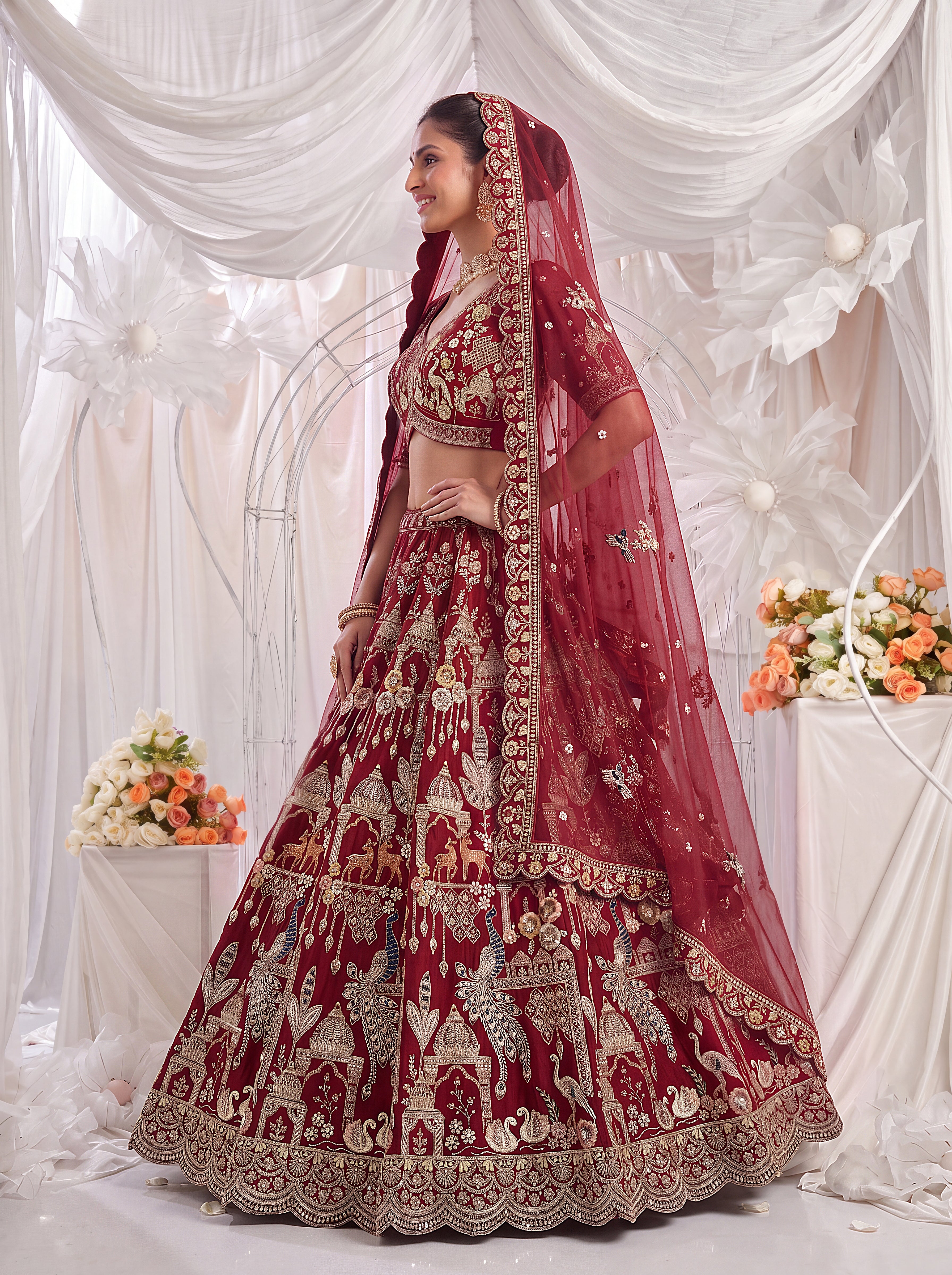 Maroon Premium Silk Bridal Lehenga with Beads, Sequins, Multi Thread & Dori Work