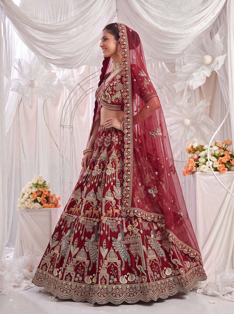 Maroon Premium Silk Bridal Lehenga with Beads, Sequins, Multi Thread & Dori Work