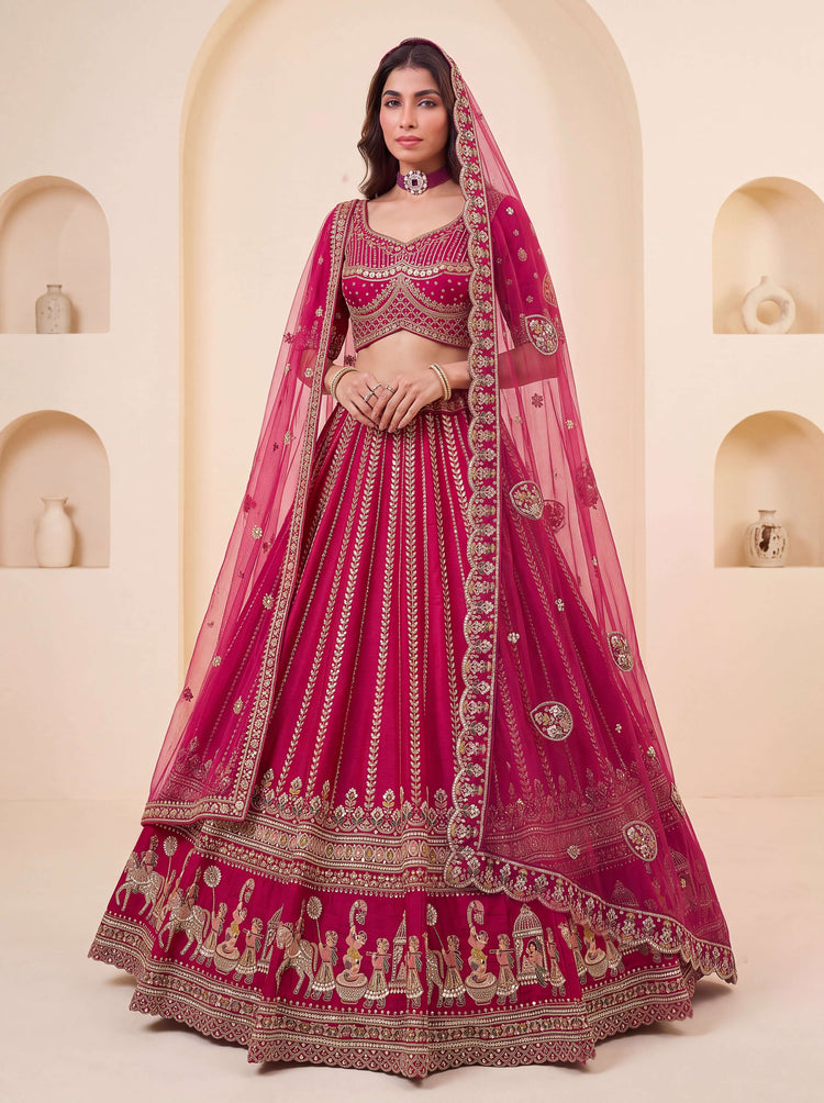 Rani Premium Silk Bridal Lehenga with Handwork Sequin, Beads & Zari Embroidery, featuring intricate details and vibrant color.