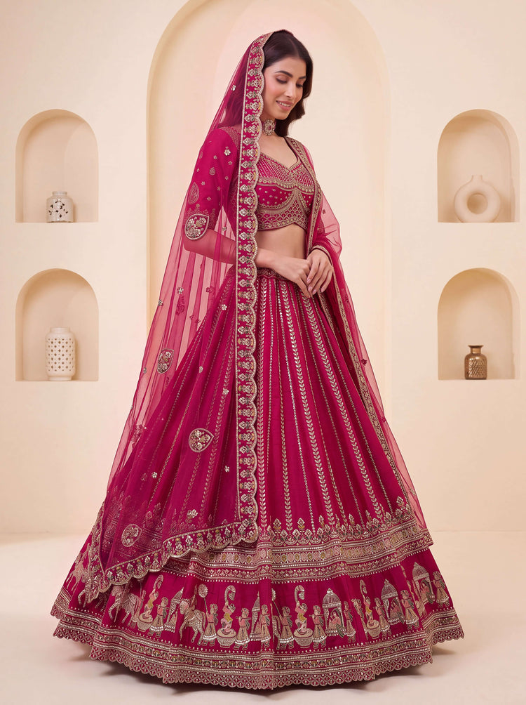 Rani Premium Silk Bridal Lehenga with Handwork Sequin, Beads & Zari Embroidery worn by model in rich pink color.