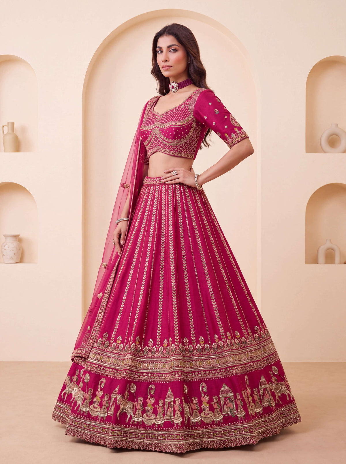 Rani Premium Silk Bridal Lehenga with Handwork Sequin, Beads & Zari Embroidery shown in vibrant pink color.