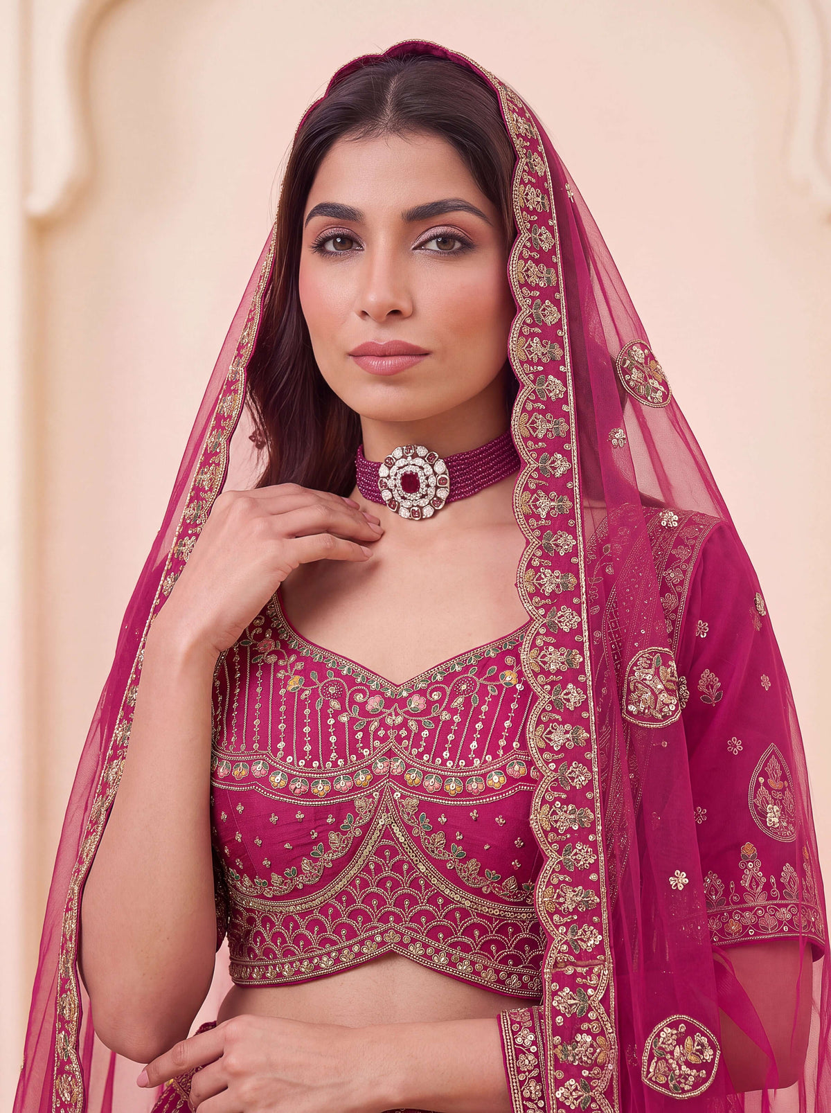 Rani Premium Silk Bridal Lehenga with Handwork Sequin, Beads & Zari Embroidery on a model in traditional attire.