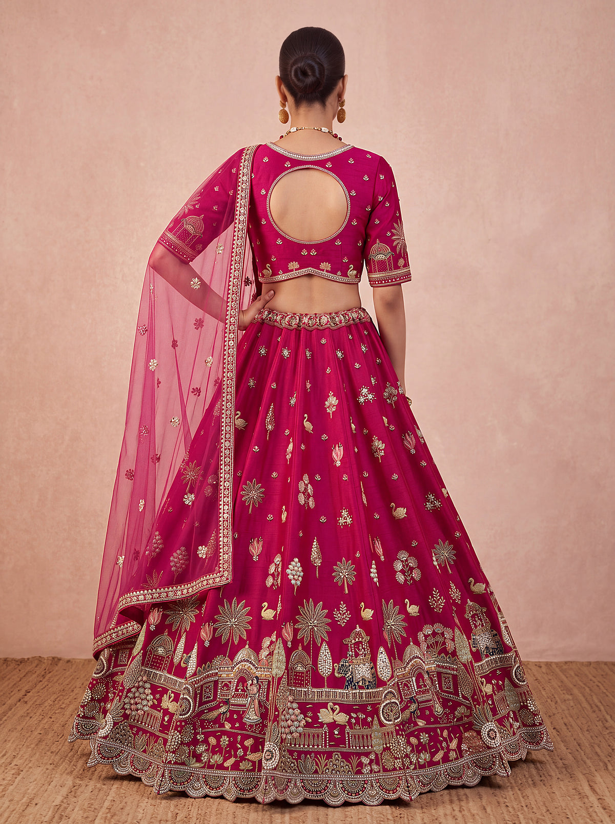 Silk Handwork Bridal Lehenga with Elephant, Swan & Doli Motifs