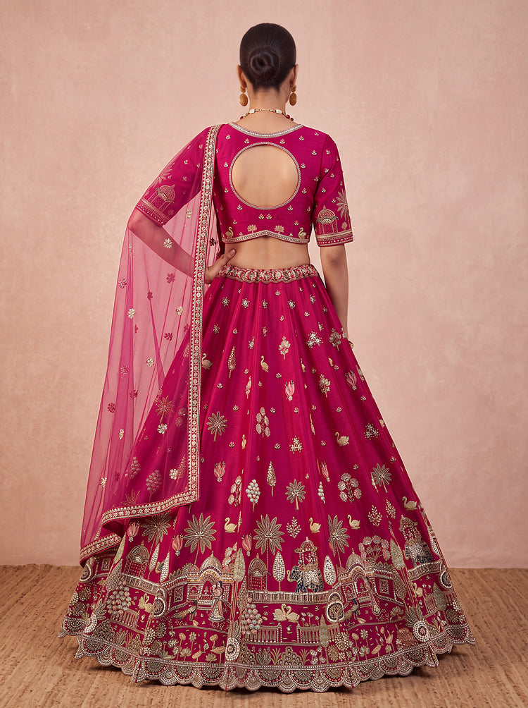 Silk Handwork Bridal Lehenga with Elephant, Swan & Doli Motifs
