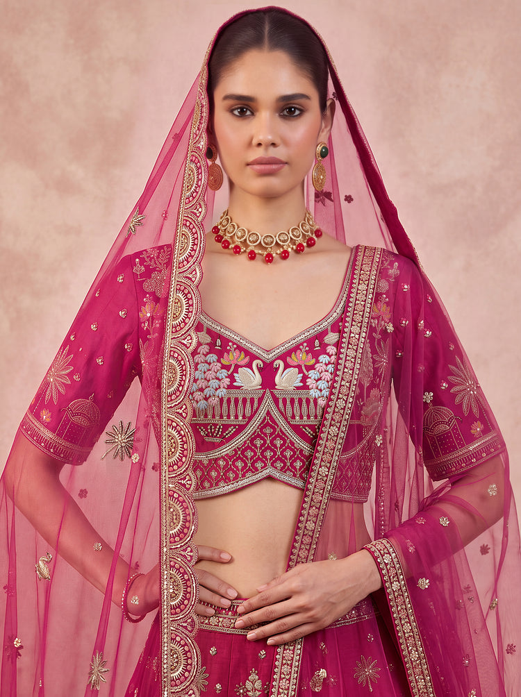 Silk Handwork Bridal Lehenga with Elephant, Swan & Doli Motifs