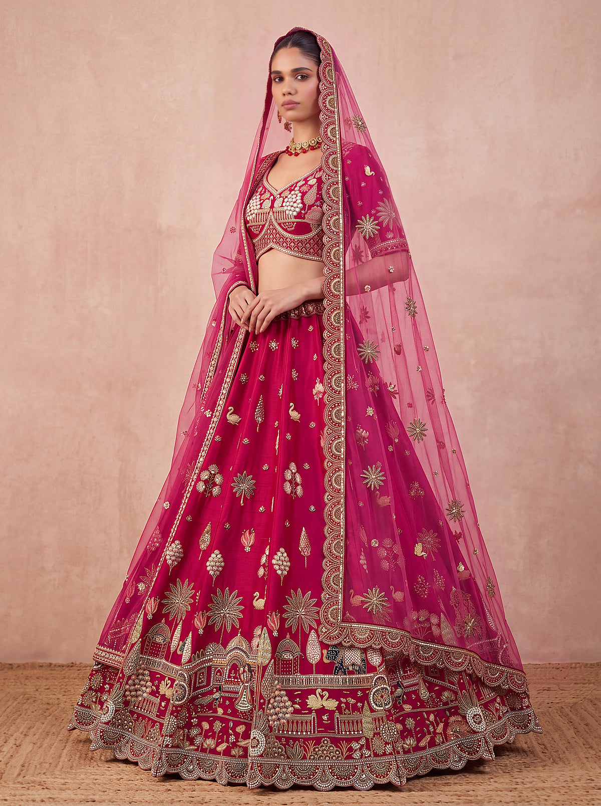 Silk Handwork Bridal Lehenga with Elephant, Swan & Doli Motifs