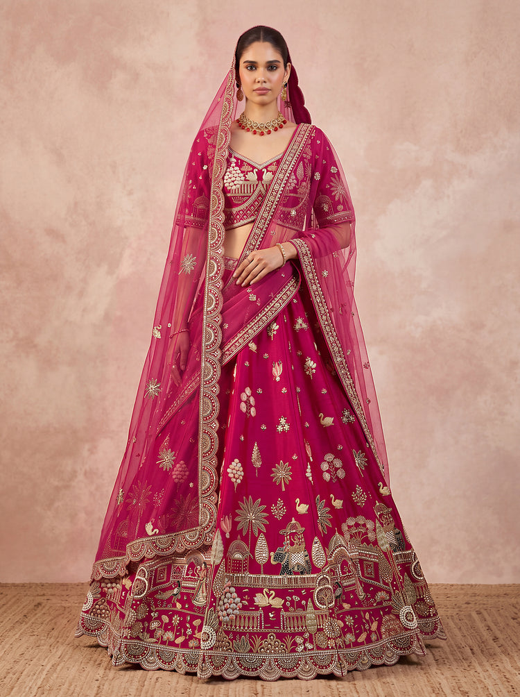 Silk Handwork Bridal Lehenga with Elephant, Swan & Doli Motifs
