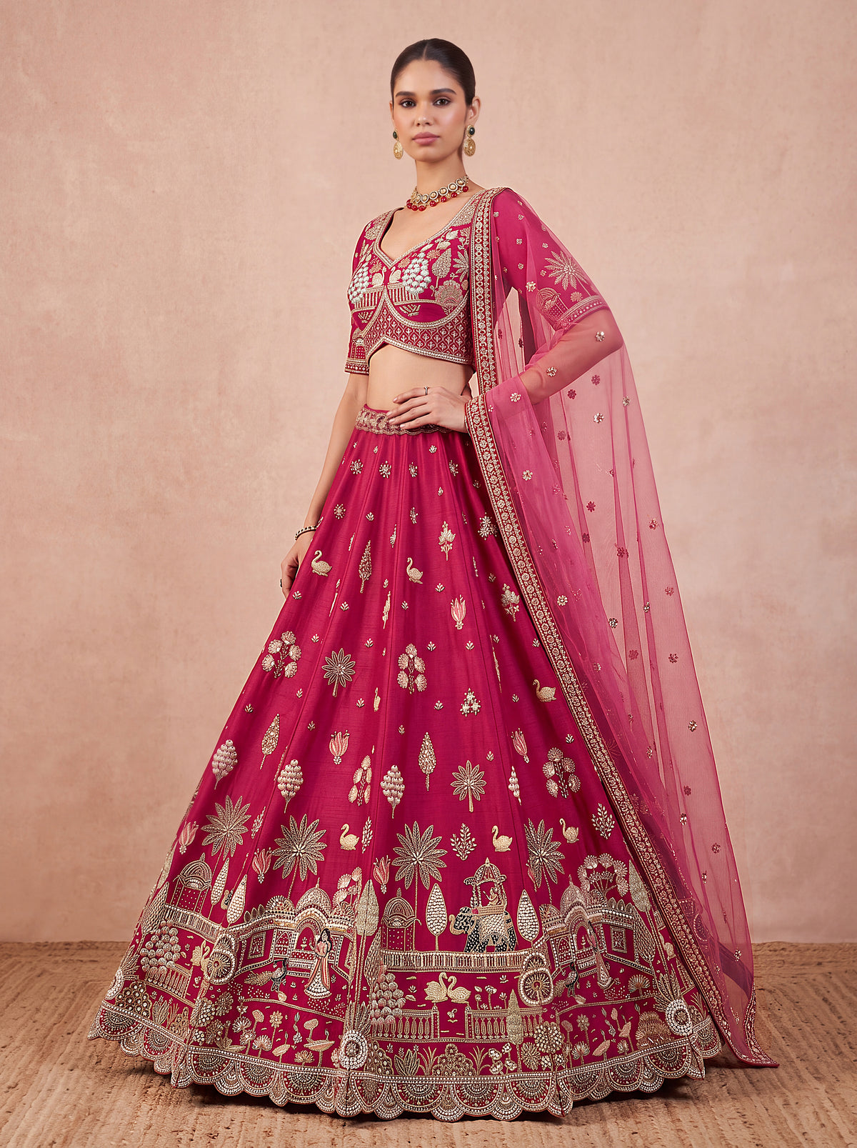 Silk Handwork Bridal Lehenga with Elephant, Swan & Doli Motifs