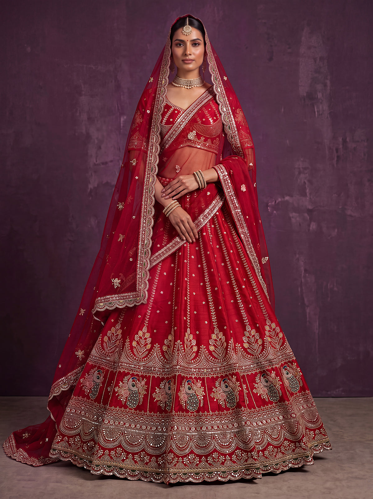 Designer Red Bridal Lehenga Choli with Heavy Embroidery and Embellished Dupatta