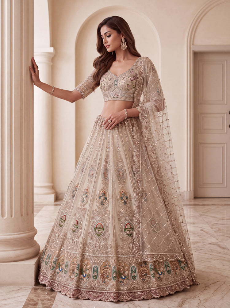 Premium Beige Net Handwork Bridal Lehenga 
