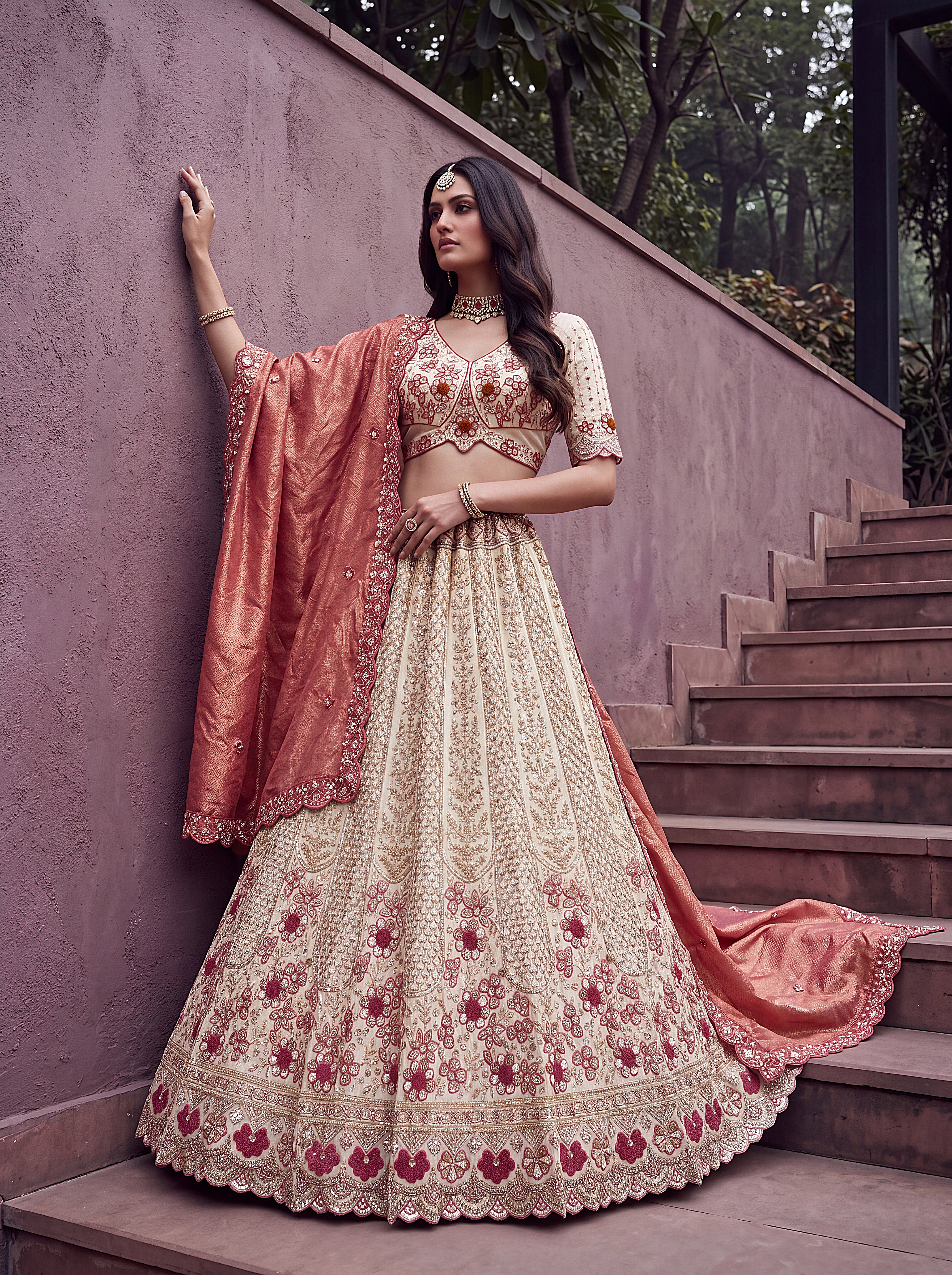 Off White Rust Silk Lehenga Choli