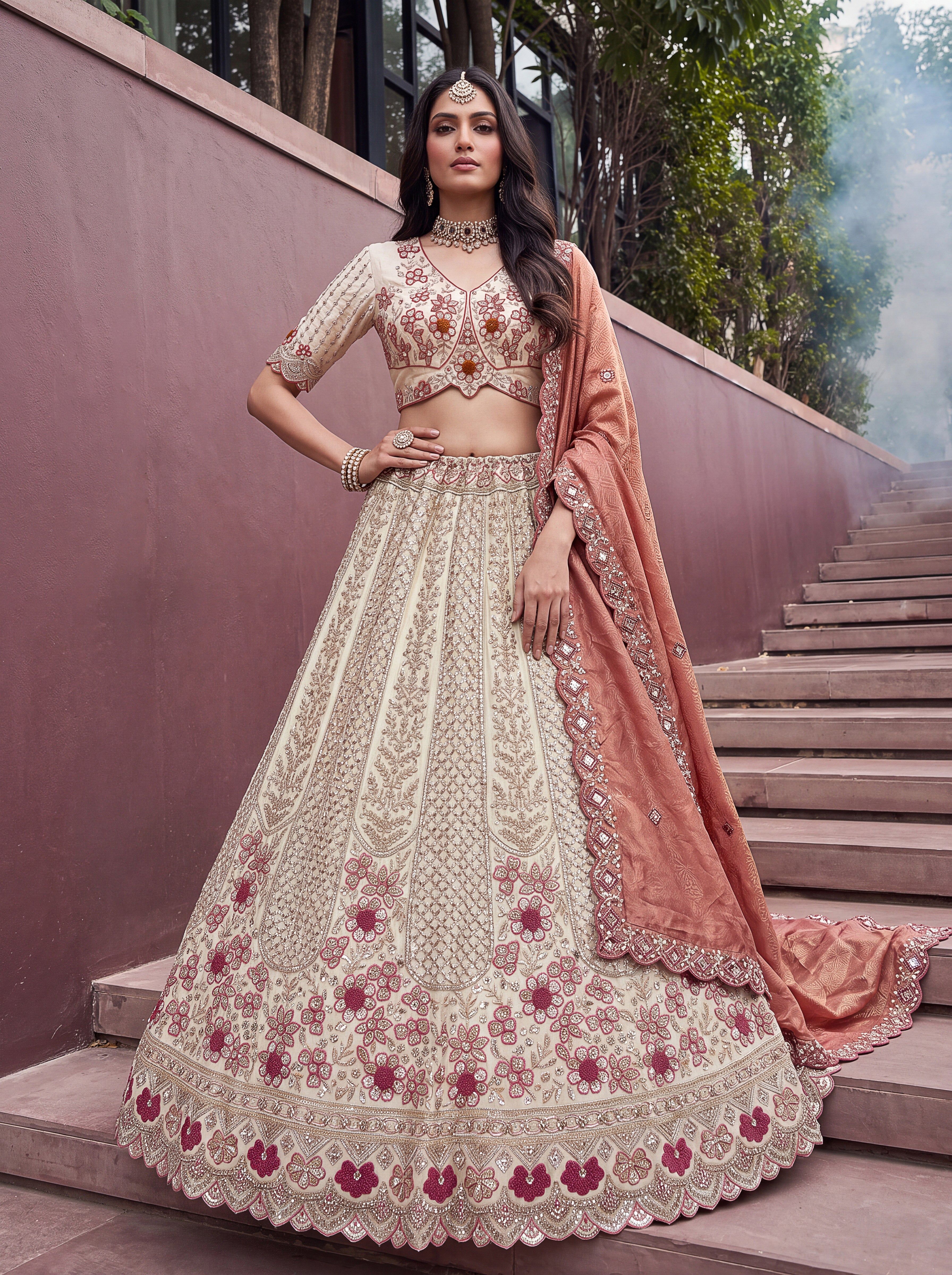 Off White Rust Silk Lehenga Choli