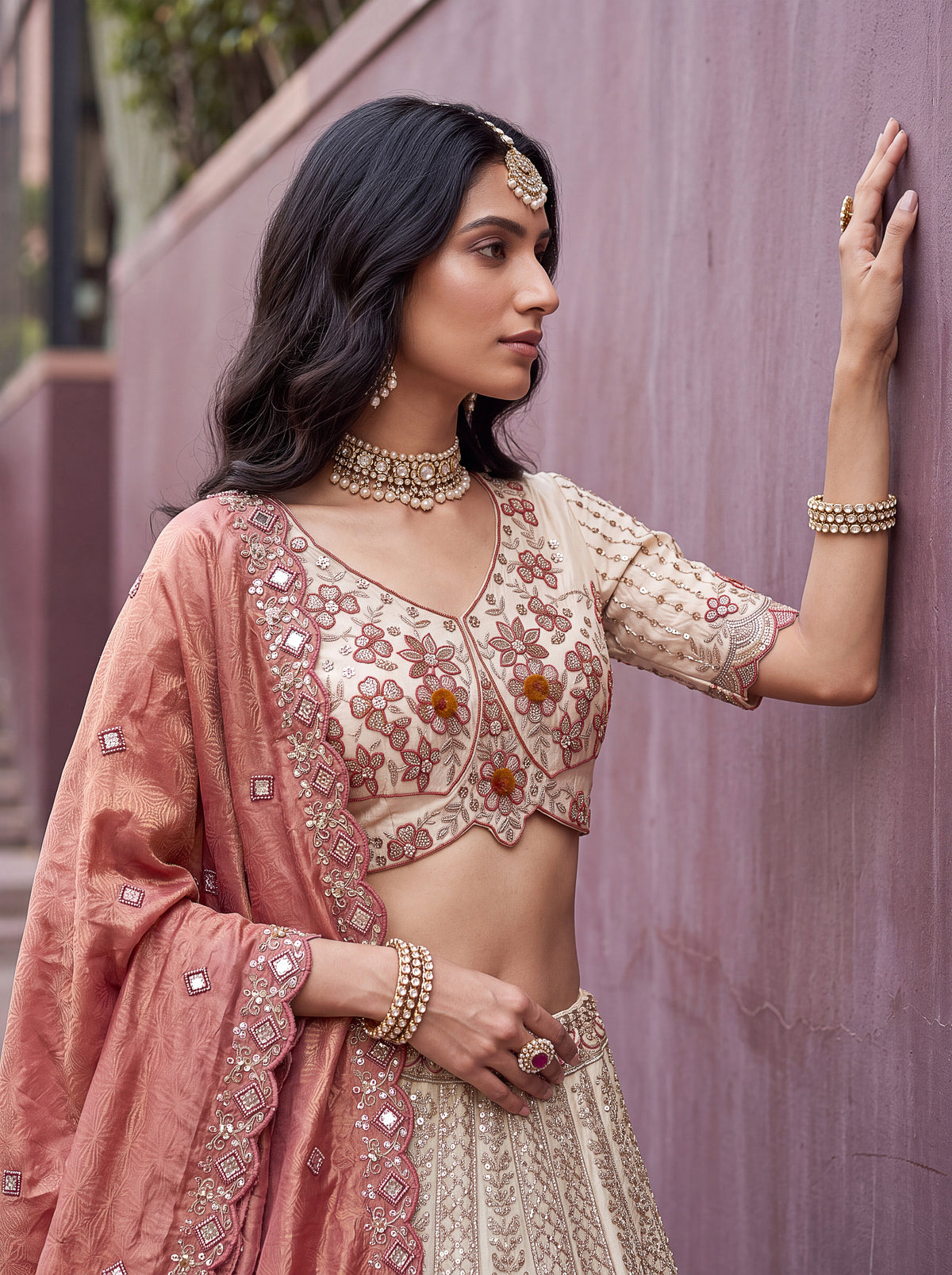 Ruhani Off-White Silk Lehenga Choli with Rust Dupatta, photo 4