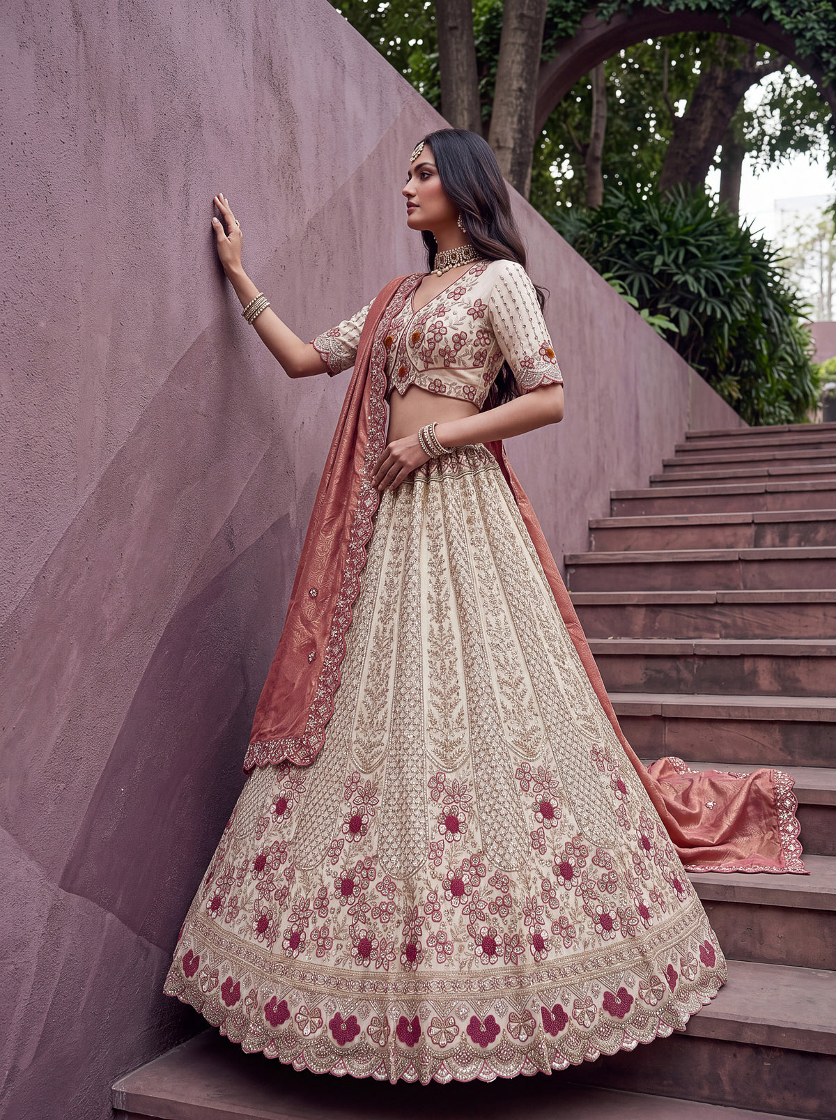 Ruhani Off-White Silk Lehenga Choli with Rust Dupatta, photo 5